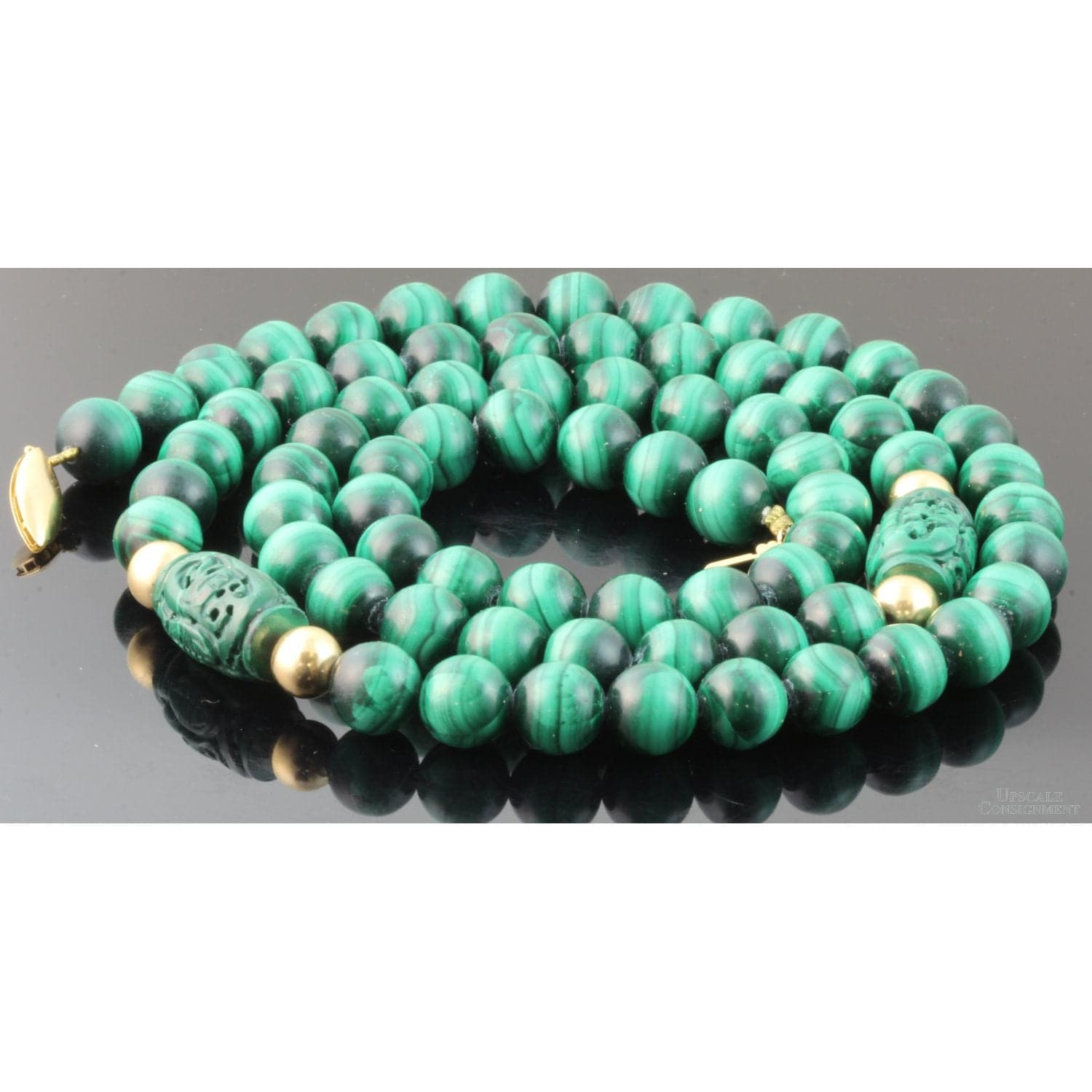 10mm Malachite & Carved Shou & 14K Gold Bead 30" Necklace - 30 in - Thumbnail 2