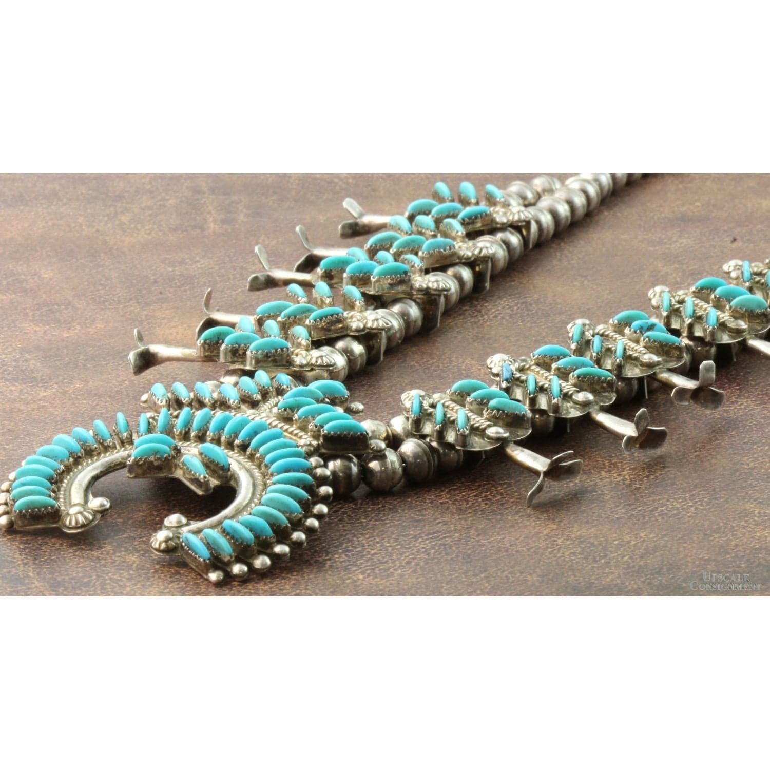 Zuni Needlepoint Turquoise & Sterling Silver Squash Blossom Necklace - 24" + 2" - Thumbnail 4