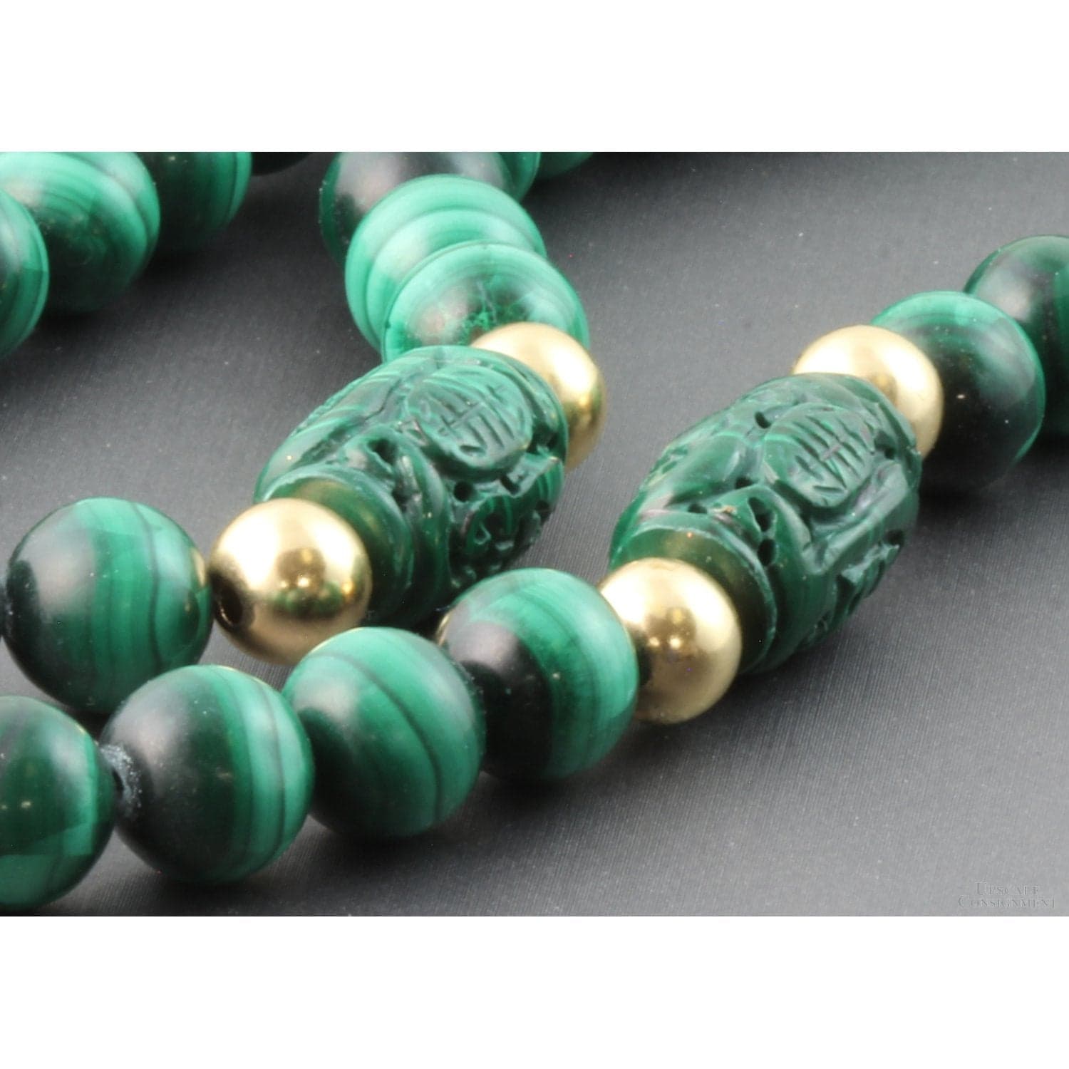 10mm Malachite & Carved Shou & 14K Gold Bead 30" Necklace - 30 in - Thumbnail 3