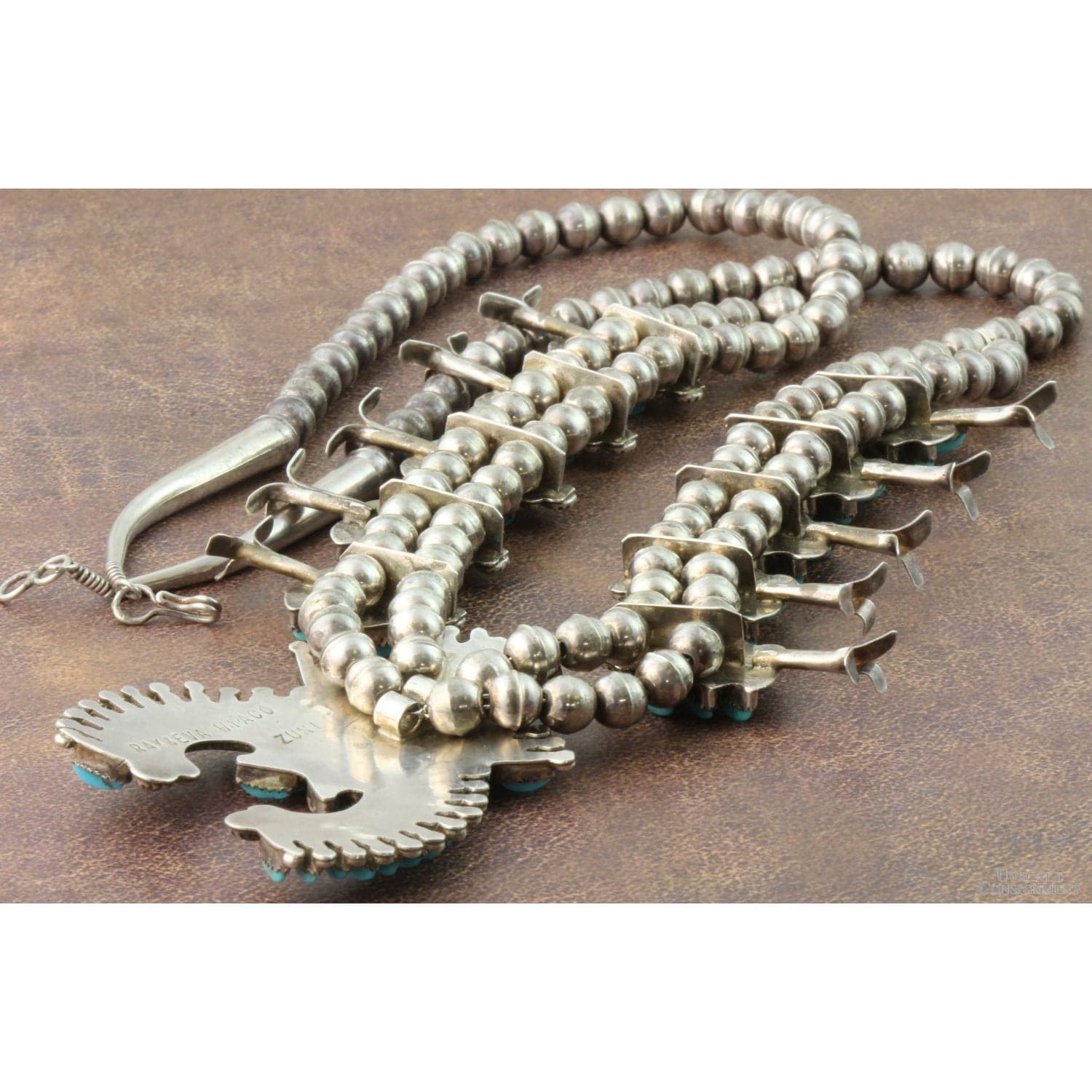 Zuni Needlepoint Turquoise & Sterling Silver Squash Blossom Necklace - 24" + 2" - Thumbnail 7