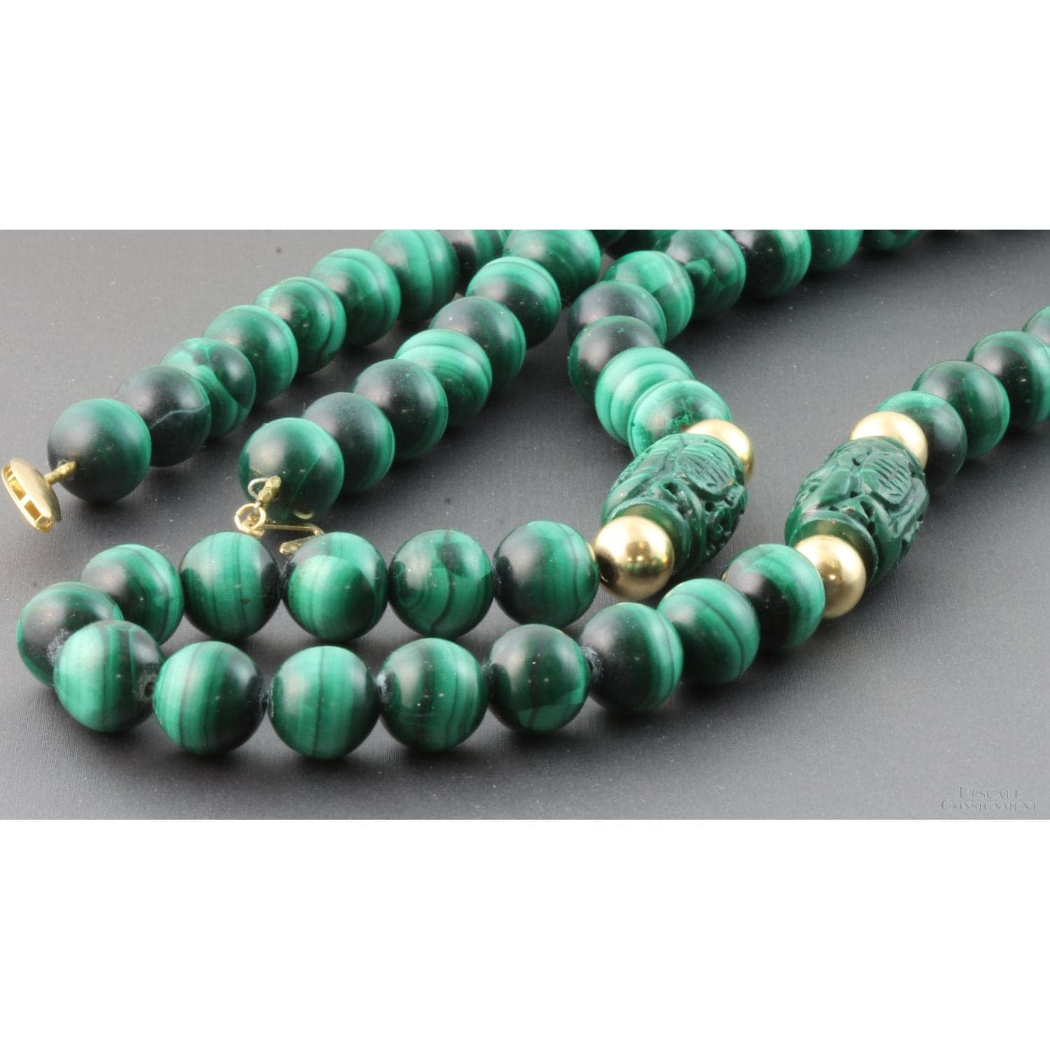 10mm Malachite & Carved Shou & 14K Gold Bead 30" Necklace - 30 in - Thumbnail 4