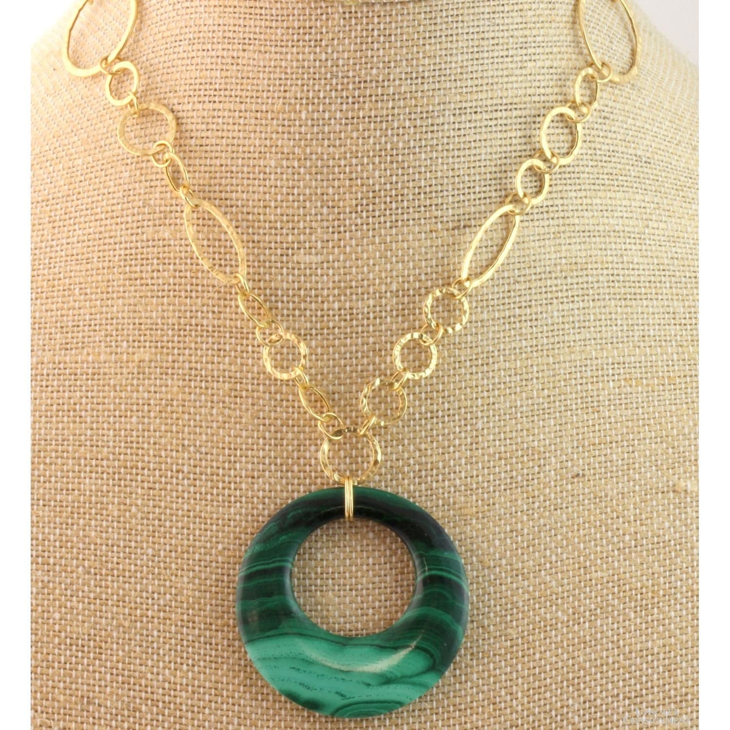 Malachite Pendant 14K Gold Hammered Loop Necklace - 18 in - Image 1
