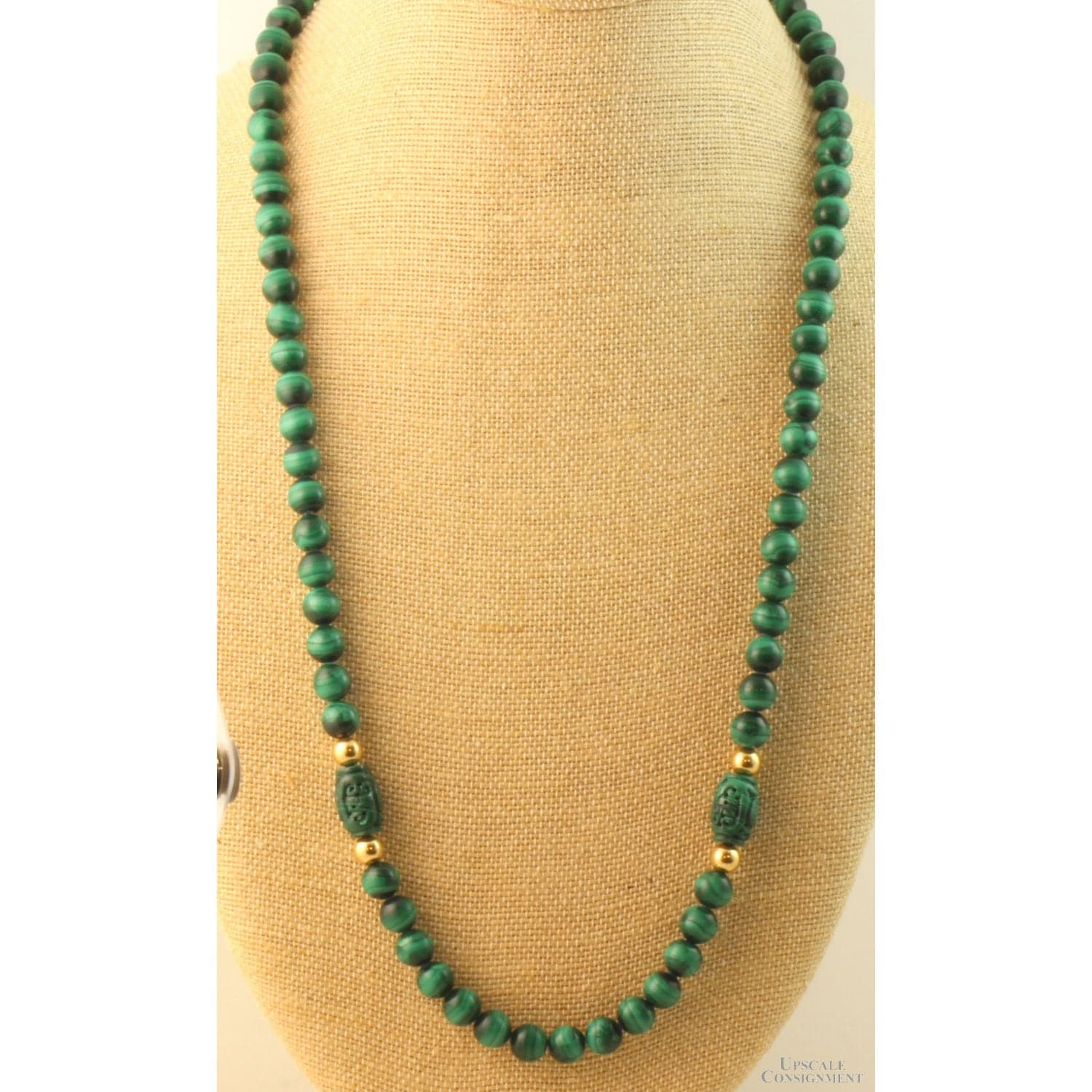 10mm Malachite & Carved Shou & 14K Gold Bead 30" Necklace - 30 in - Image 1