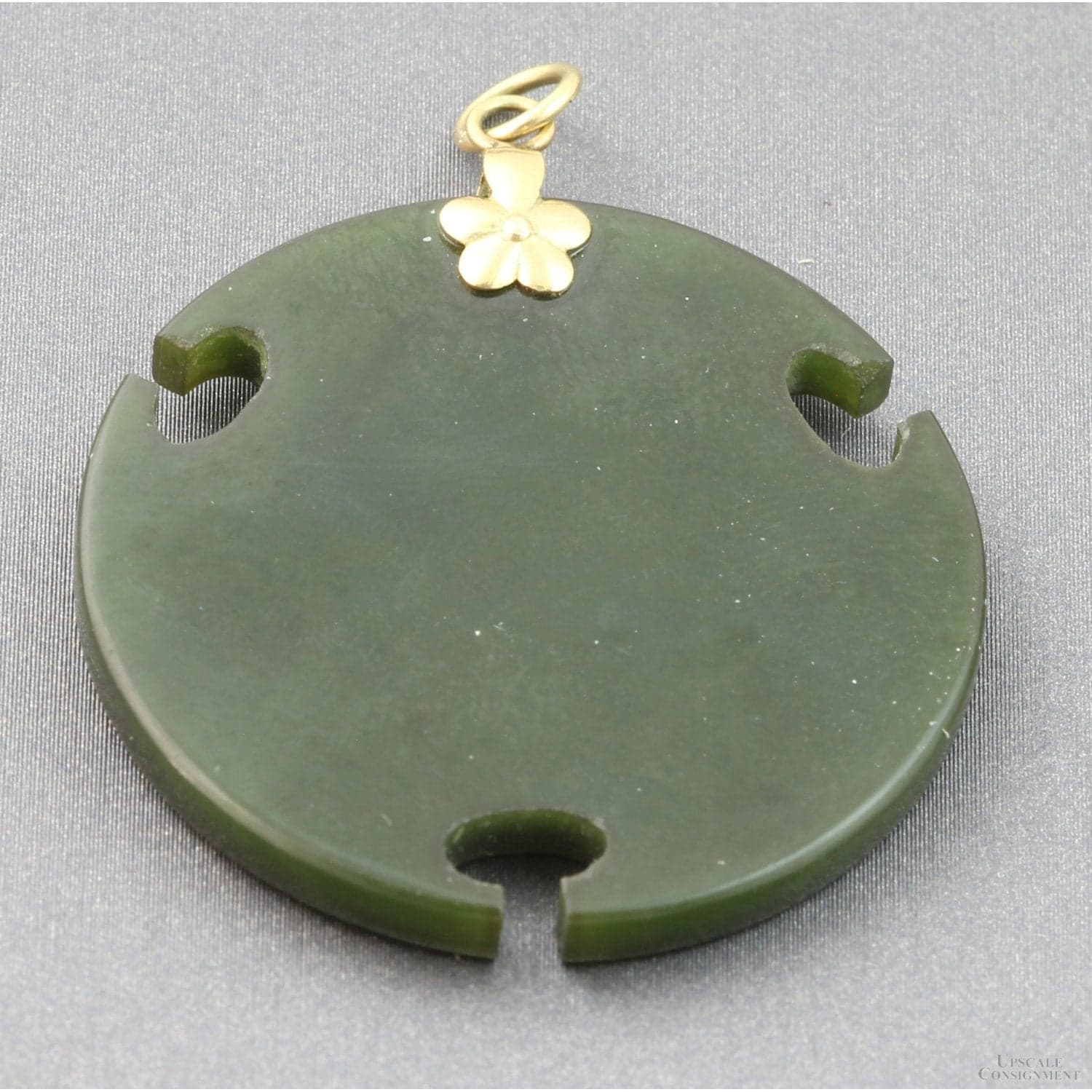 Vintage 14K Gold Triple Ruyi Bi-Disc Jadeite Jade Pendant - 1.375" - Thumbnail 2
