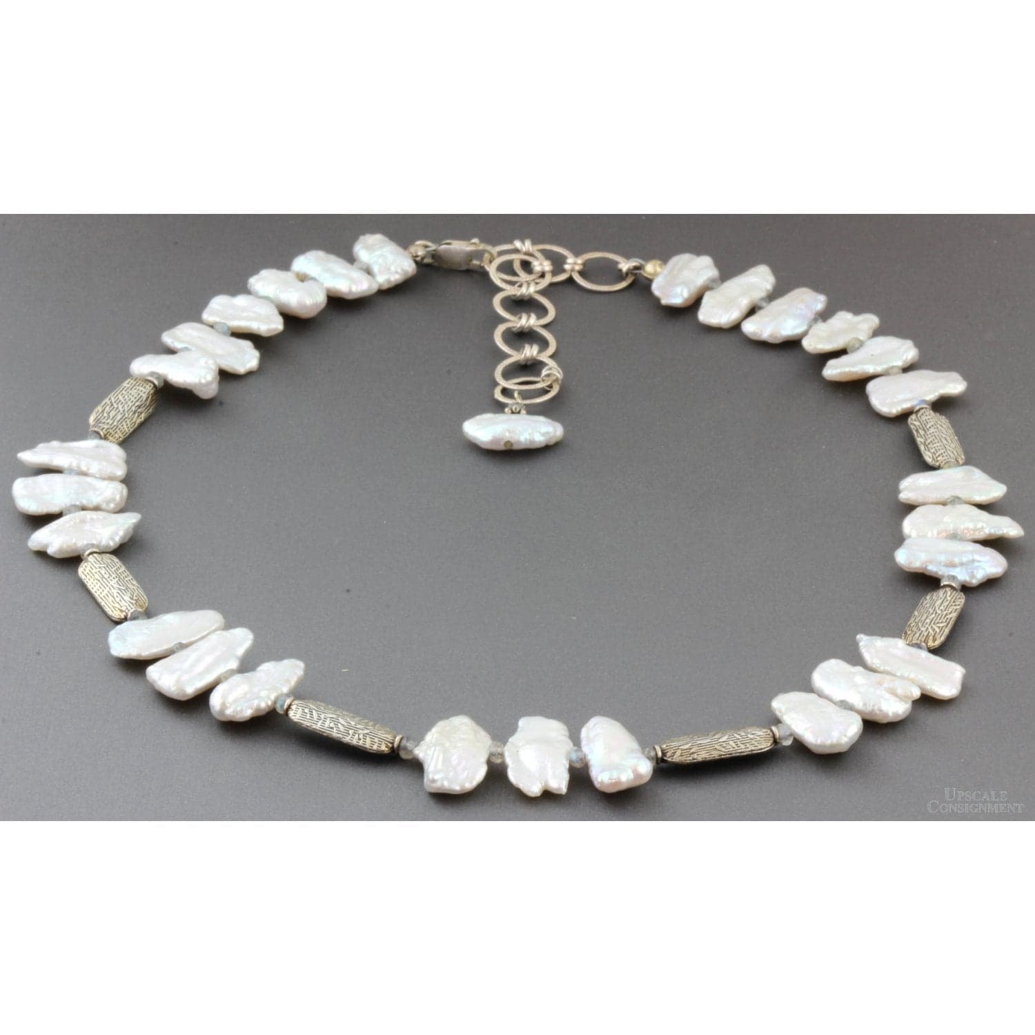 Lake Biwa Japan Pearls, Labradorite, Embossed Sterling Necklace - 18" - 21" - Thumbnail 2