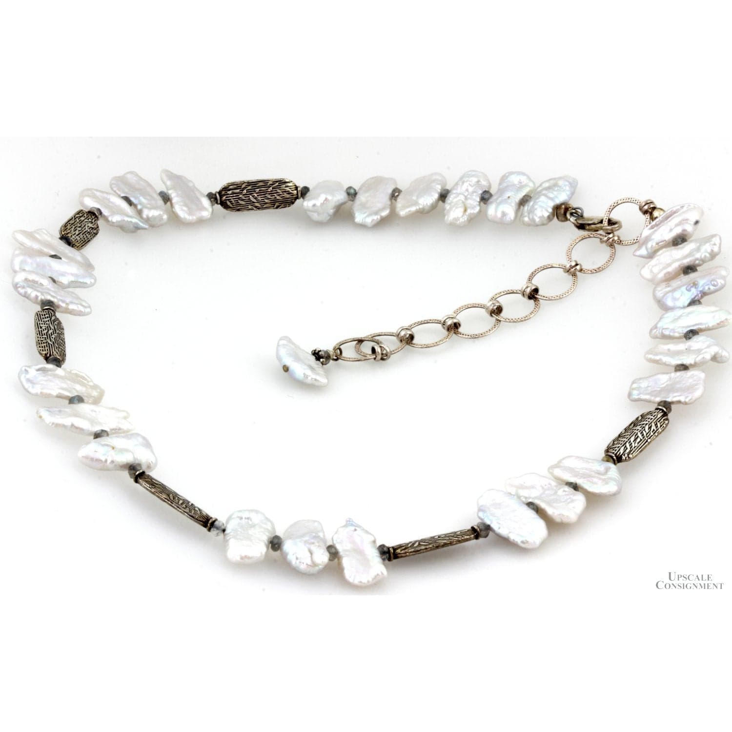 Lake Biwa Japan Pearls, Labradorite, Embossed Sterling Necklace - 18" - 21" - Thumbnail 4