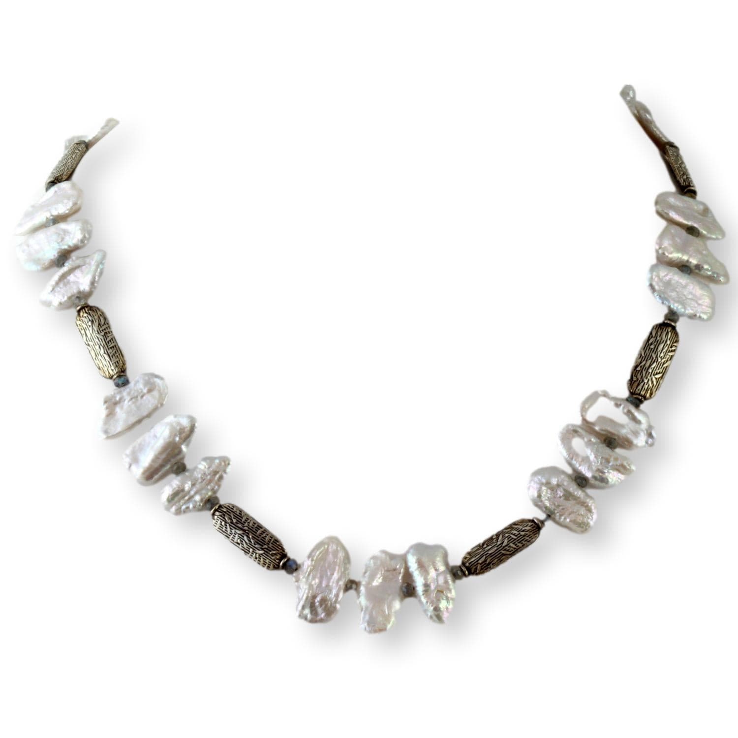 Lake Biwa Japan Pearls, Labradorite, Embossed Sterling Necklace - 18" - 21" - Image 1