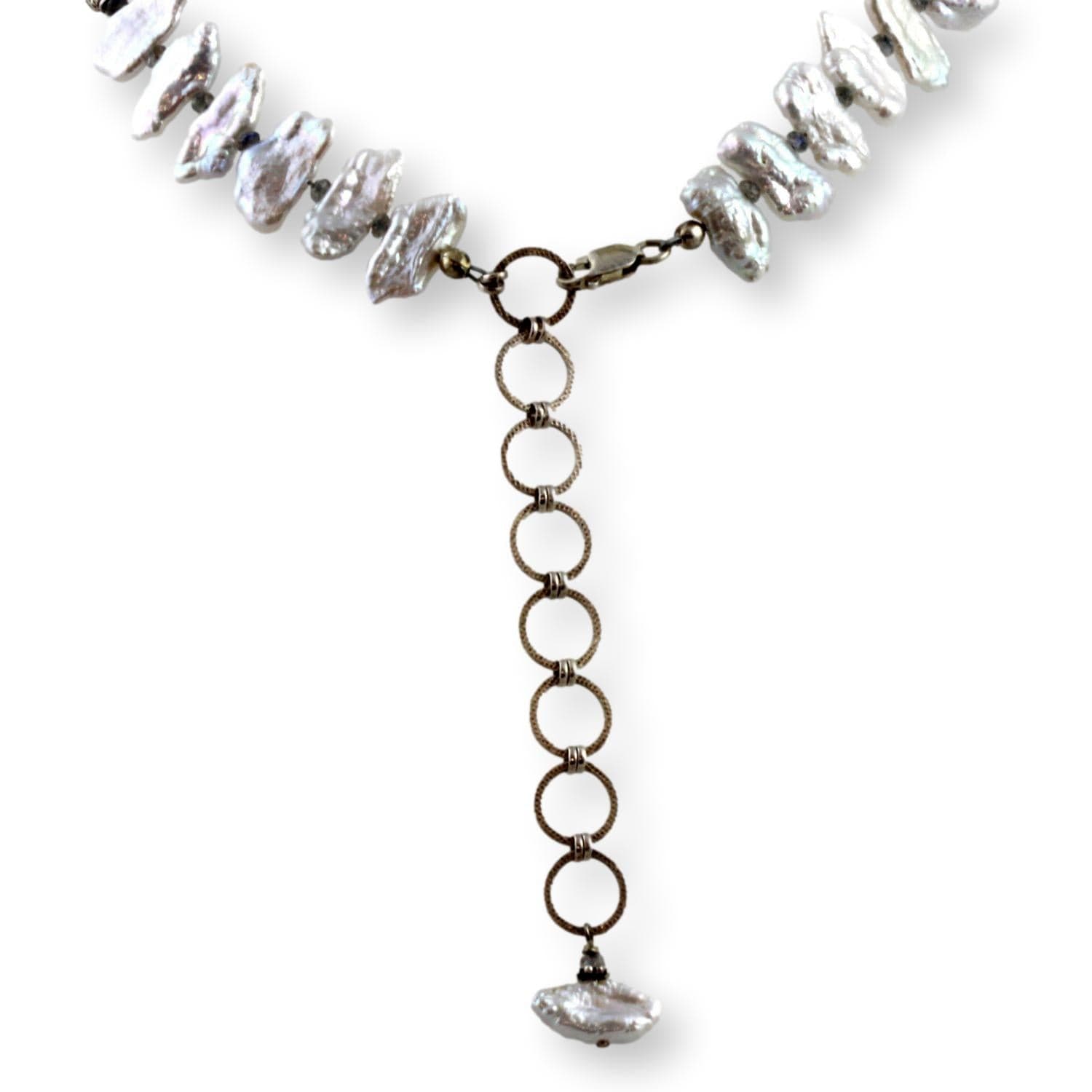 Lake Biwa Japan Pearls, Labradorite, Embossed Sterling Necklace - 18" - 21" - Thumbnail 3
