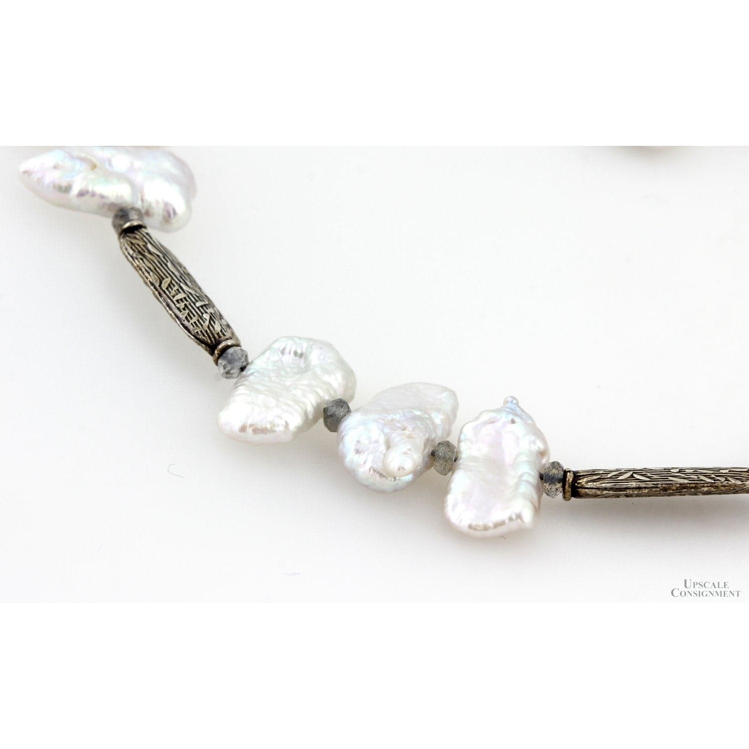 Lake Biwa Japan Pearls, Labradorite, Embossed Sterling Necklace - 18" - 21" - Thumbnail 5