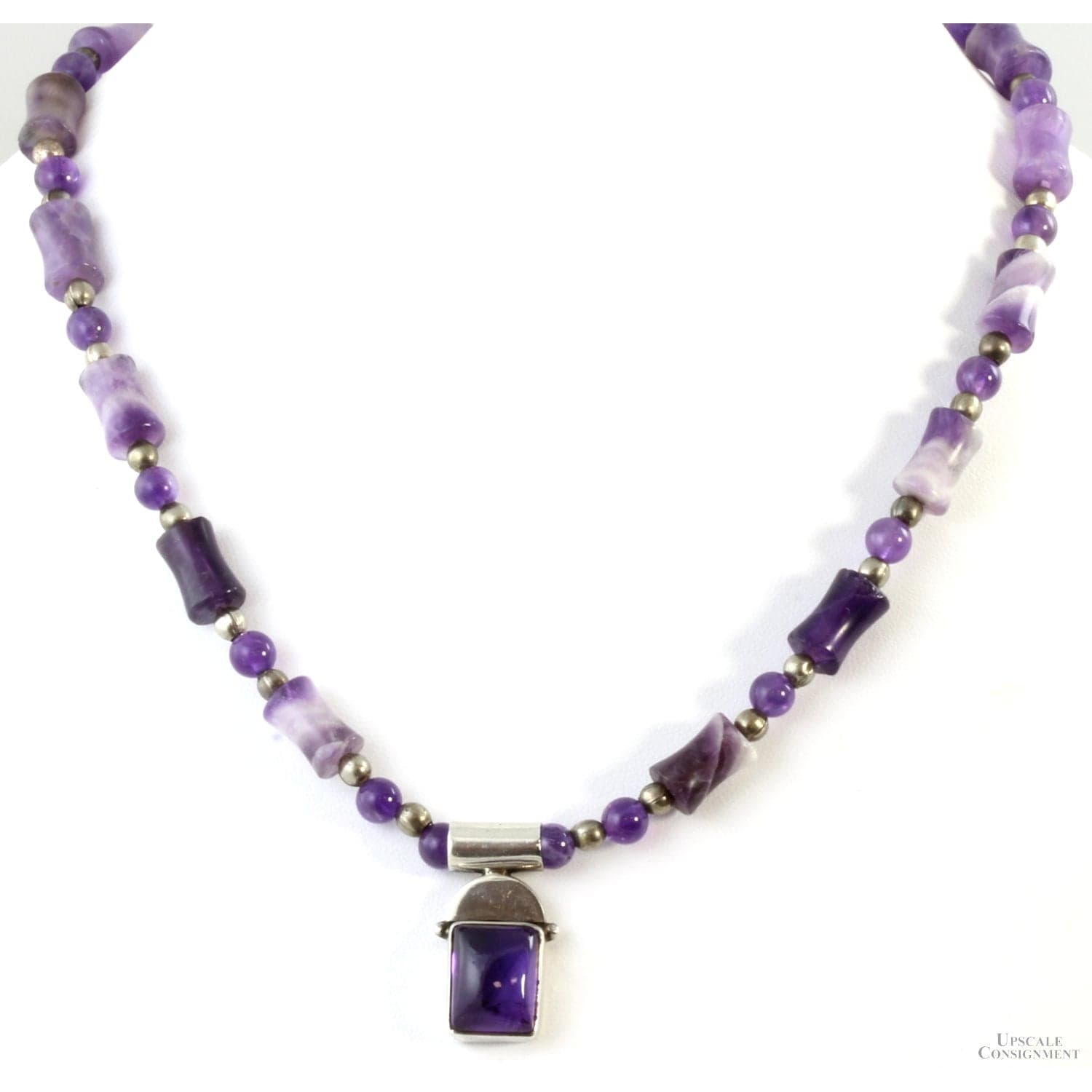 Chevron Amethyst & Sterling Silver Bead Pendant Necklace - 18 in - Image 1
