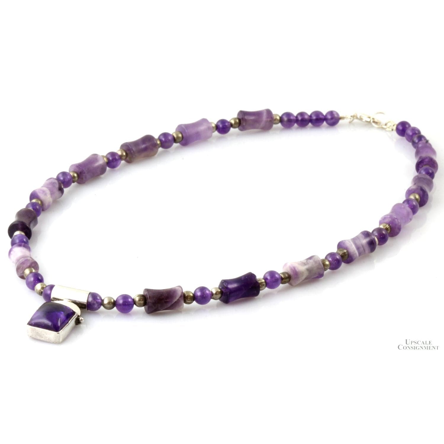 Chevron Amethyst & Sterling Silver Bead Pendant Necklace - 18 in - Thumbnail 2