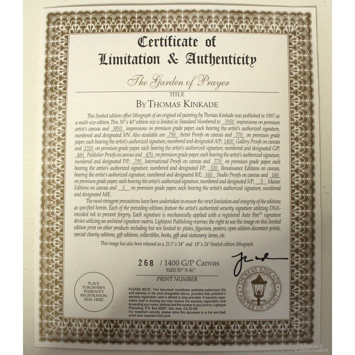 Framed Limited Edition Lithograph "The Garden of Prayer" by Thomas Kinkade - Thumbnail 7