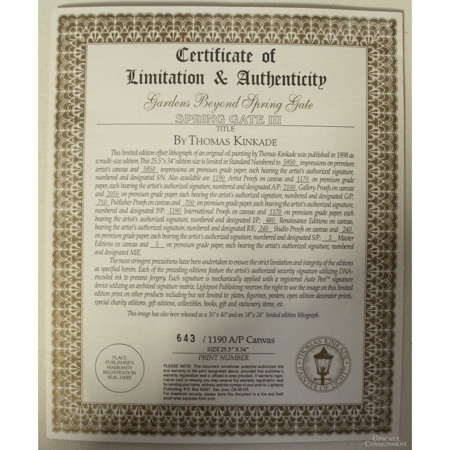 Framed Limited Edition Lithograph "Gardens Beyond Spring Gate" by Thomas Kinkade - Thumbnail 7