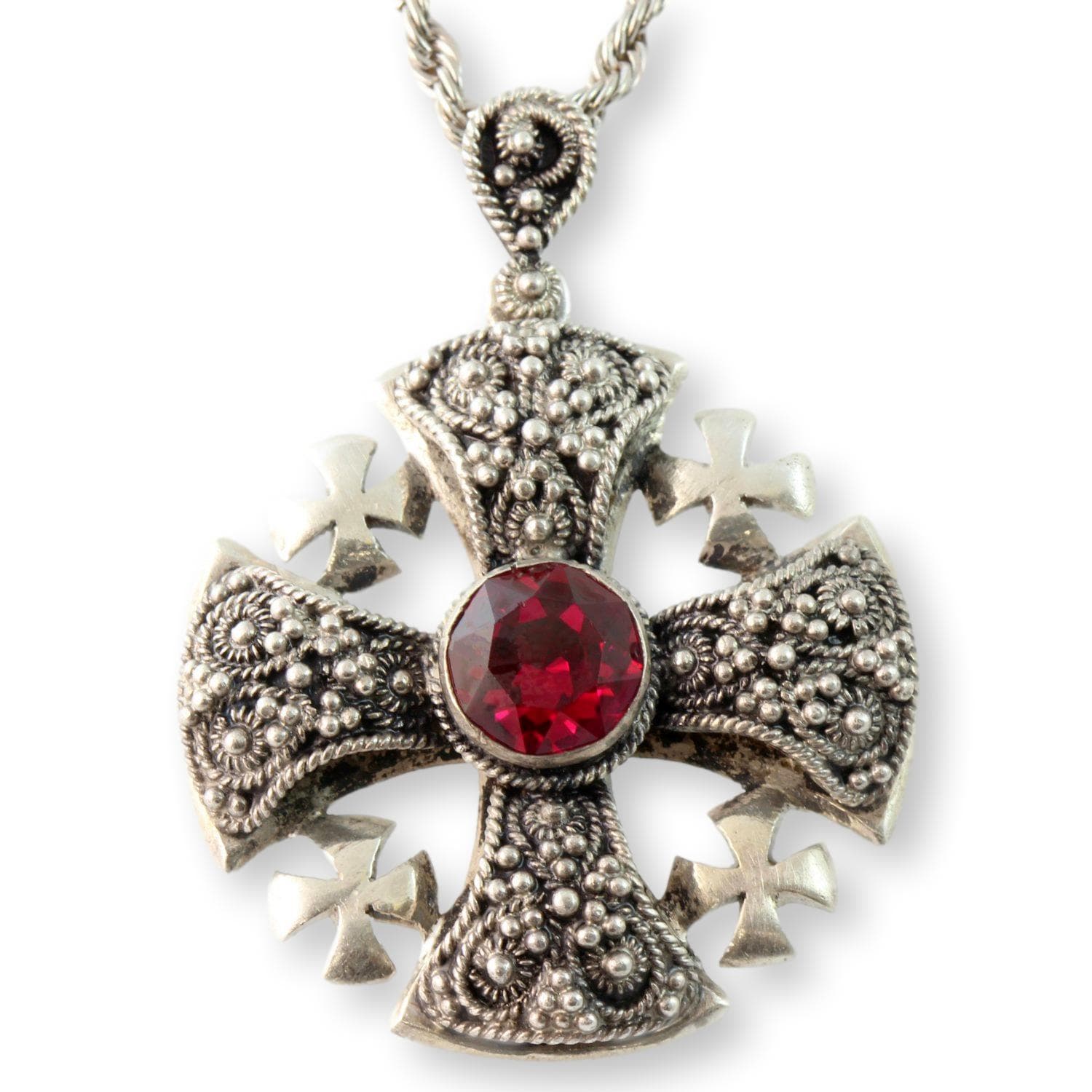 950 Silver Jerusalem Cross Necklace - Synthetic Ruby - Ornate Filigree Design - 19.5" - Image 1