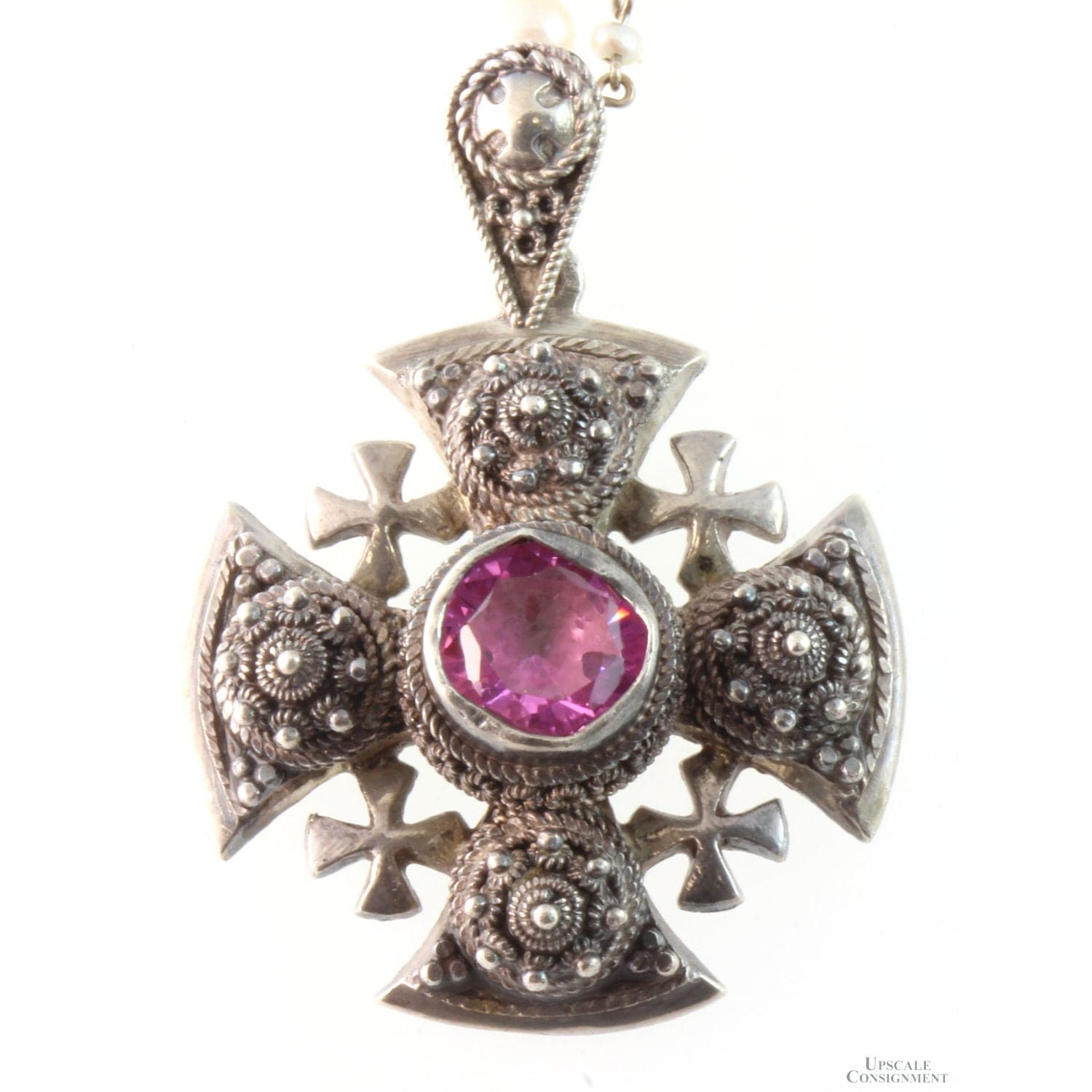 Bethlehem Jordan Silver Jerusalem Cross Pendant - Synthetic Pink Sapphire - 2.5 " - Image 1