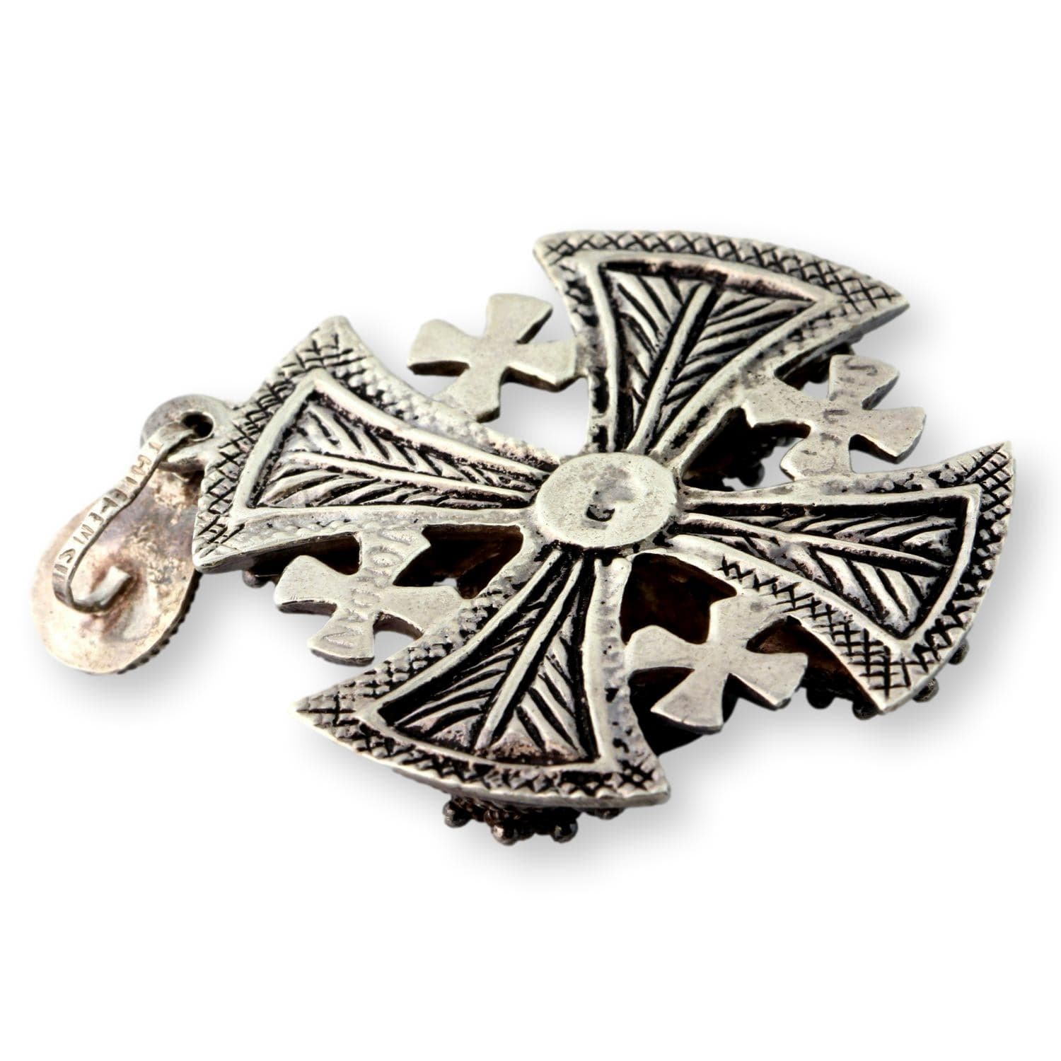 Bethlehem Jordan Silver Jerusalem Cross Pendant - Synthetic Pink Sapphire - 2.5 " - Thumbnail 2