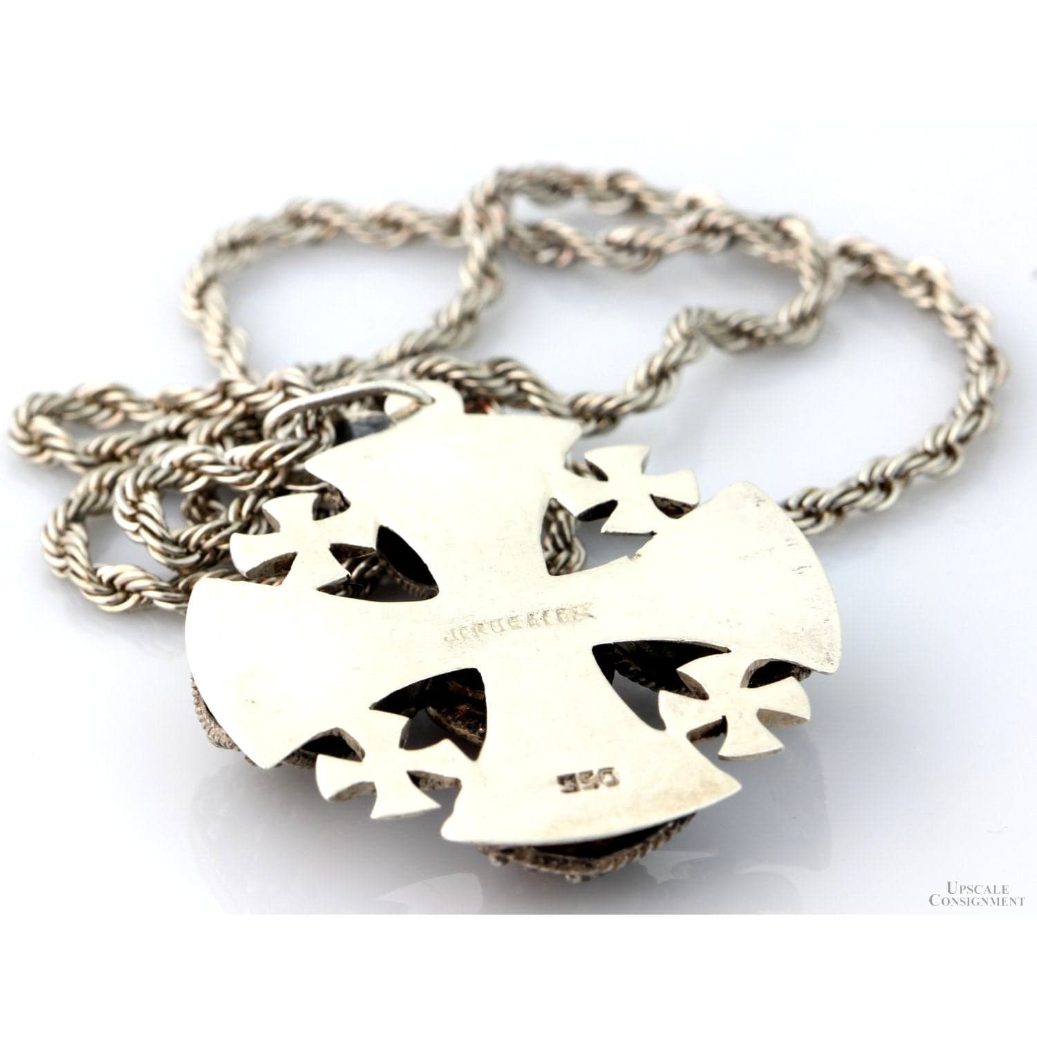 950 Silver Jerusalem Cross Necklace - Synthetic Ruby - Ornate Filigree Design - 19.5" - Thumbnail 2