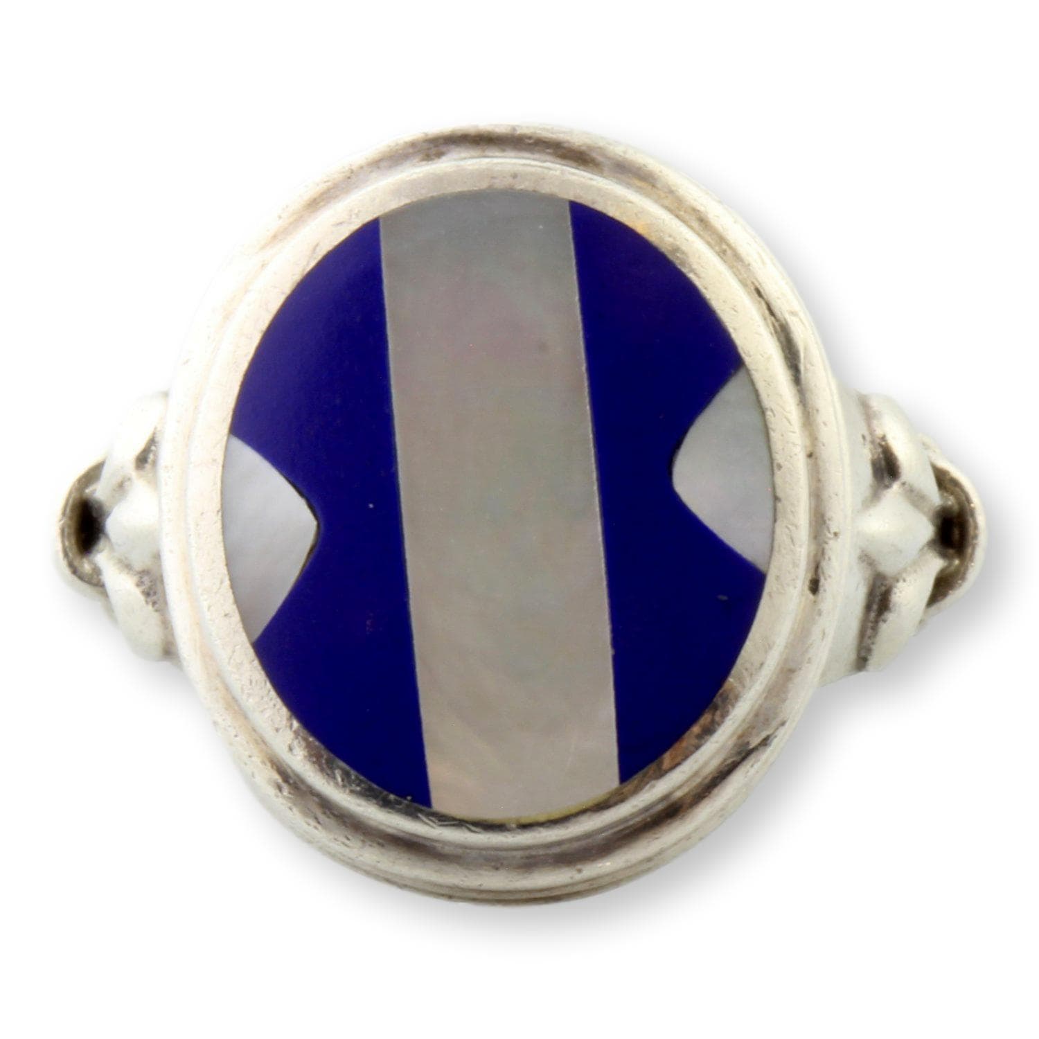 Vintage Navajo Lapis & Mother of Pearl Inlay Ring – Fleur-de-Lis Shoulders - Size 5.75 - Thumbnail 3