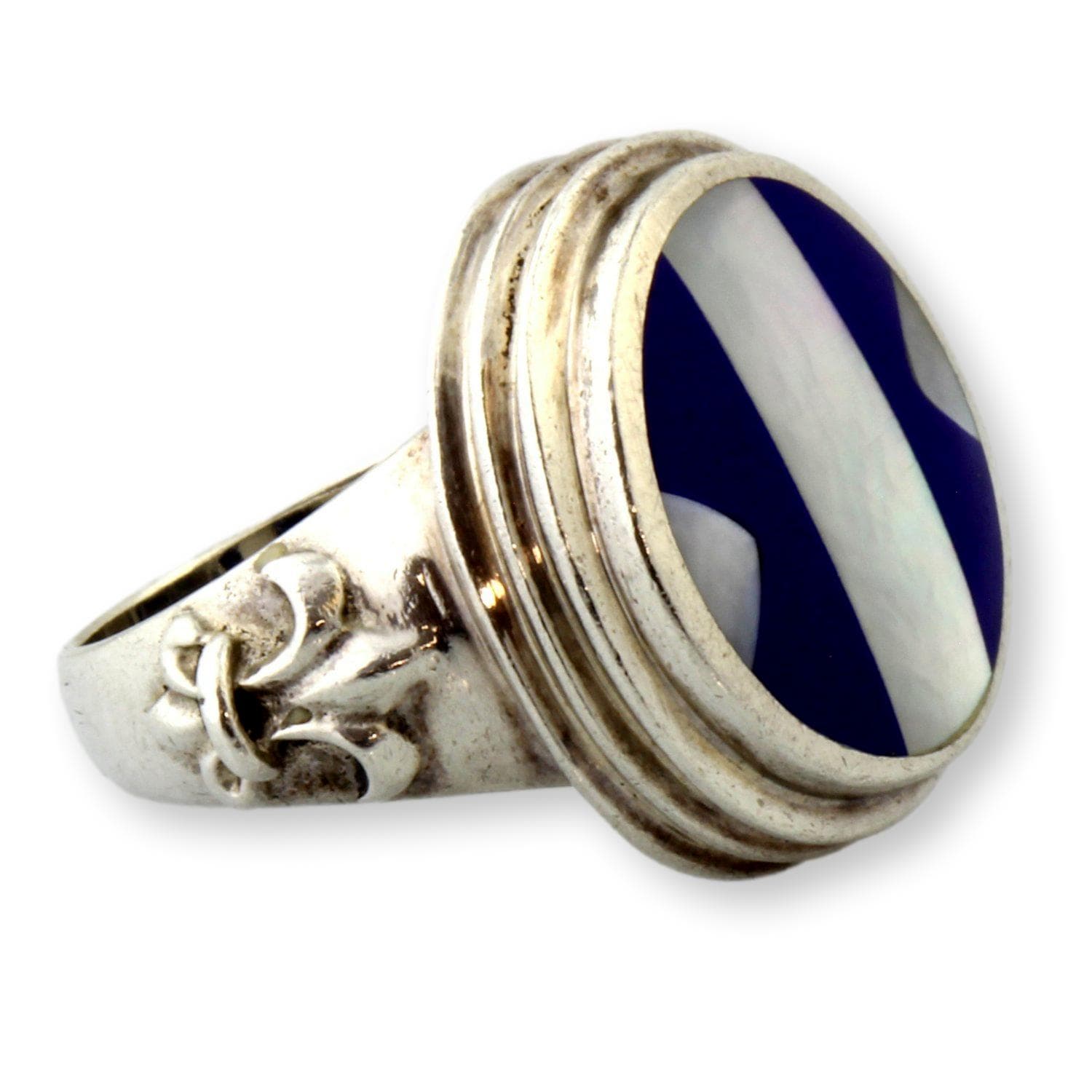 Vintage Navajo Lapis & Mother of Pearl Inlay Ring – Fleur-de-Lis Shoulders - Size 5.75 - Thumbnail 2