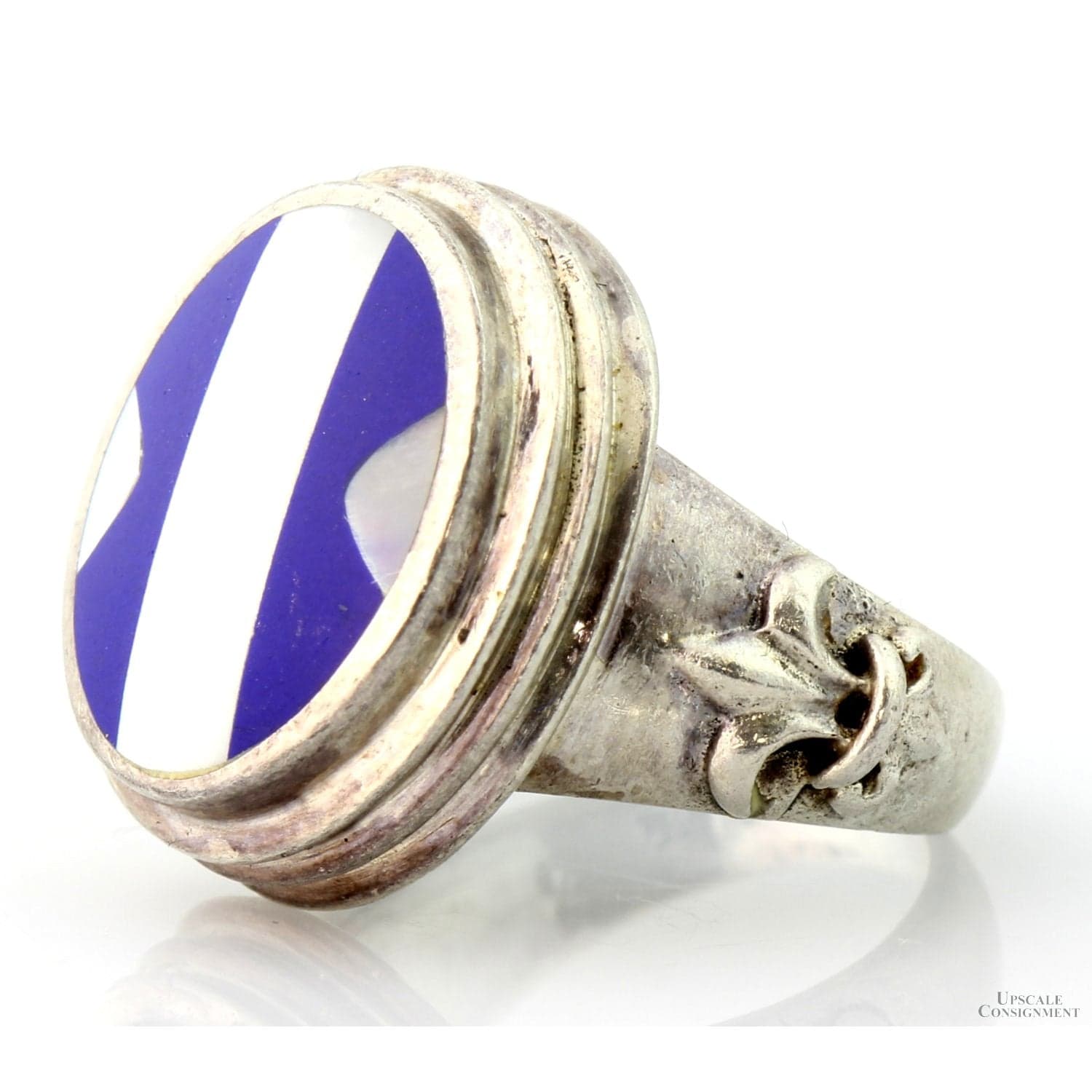 Vintage Navajo Lapis & Mother of Pearl Inlay Ring – Fleur-de-Lis Shoulders - Size 5.75 - Image 1