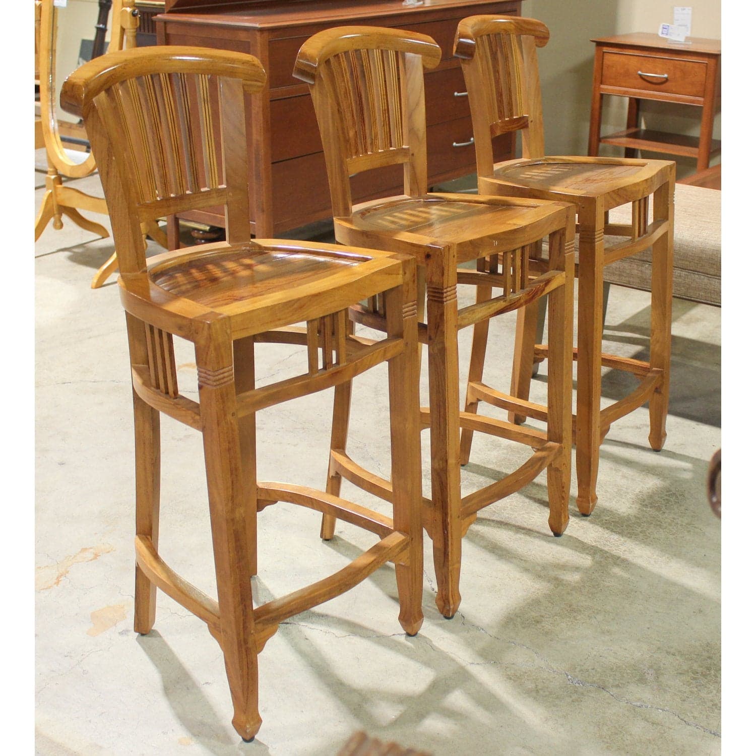 Set of 3 Solid Teak Bar Stools - Thumbnail 2