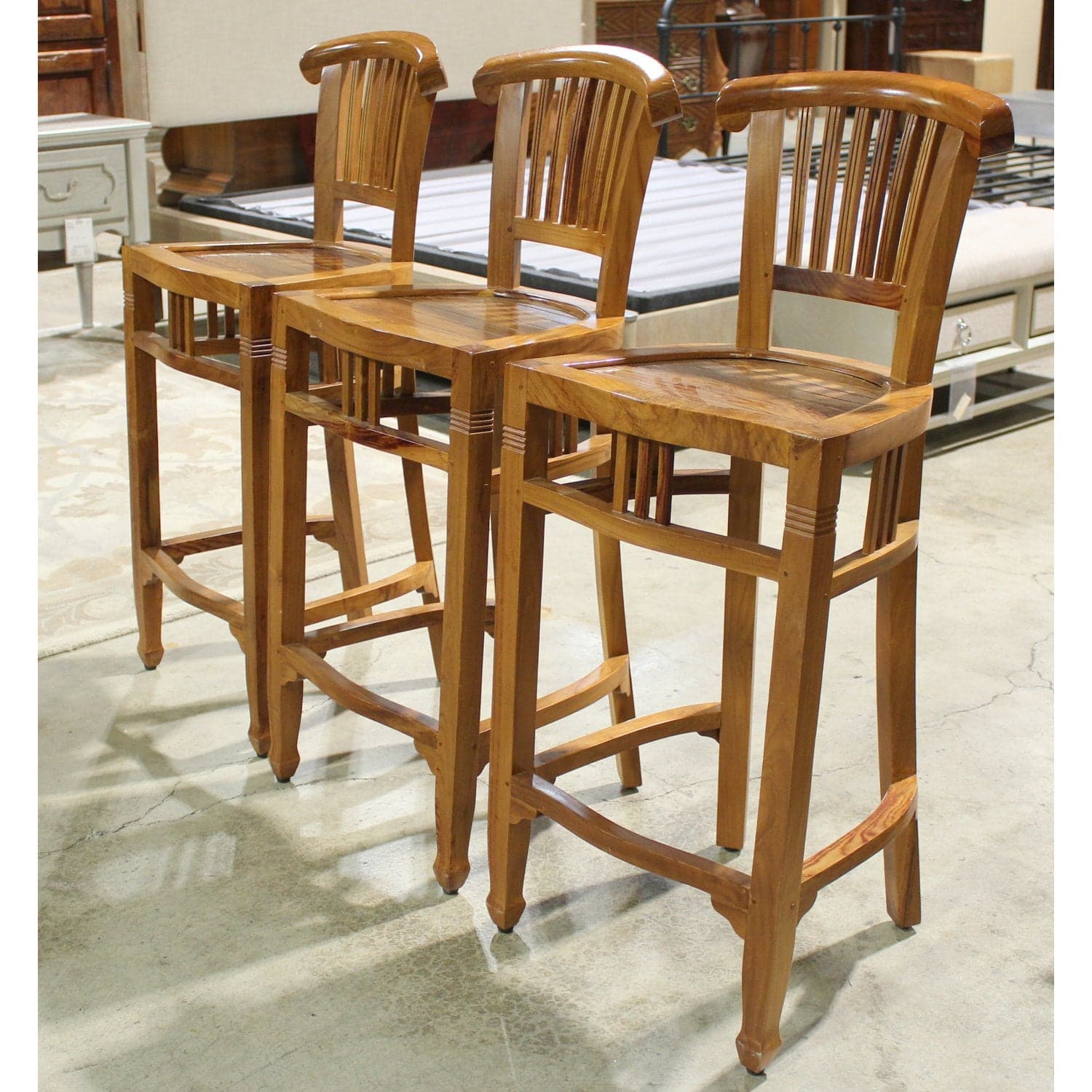 Set of 3 Solid Teak Bar Stools - Thumbnail 3