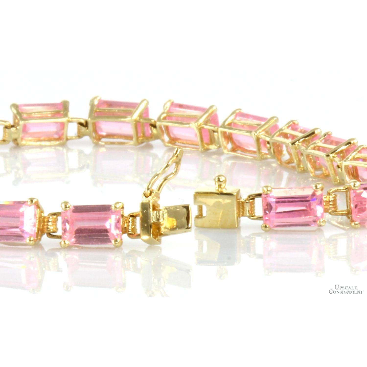 10K Gold Emerald Cut Pink Cubic Zirconia Link Bracelet - 7 in - Thumbnail 3