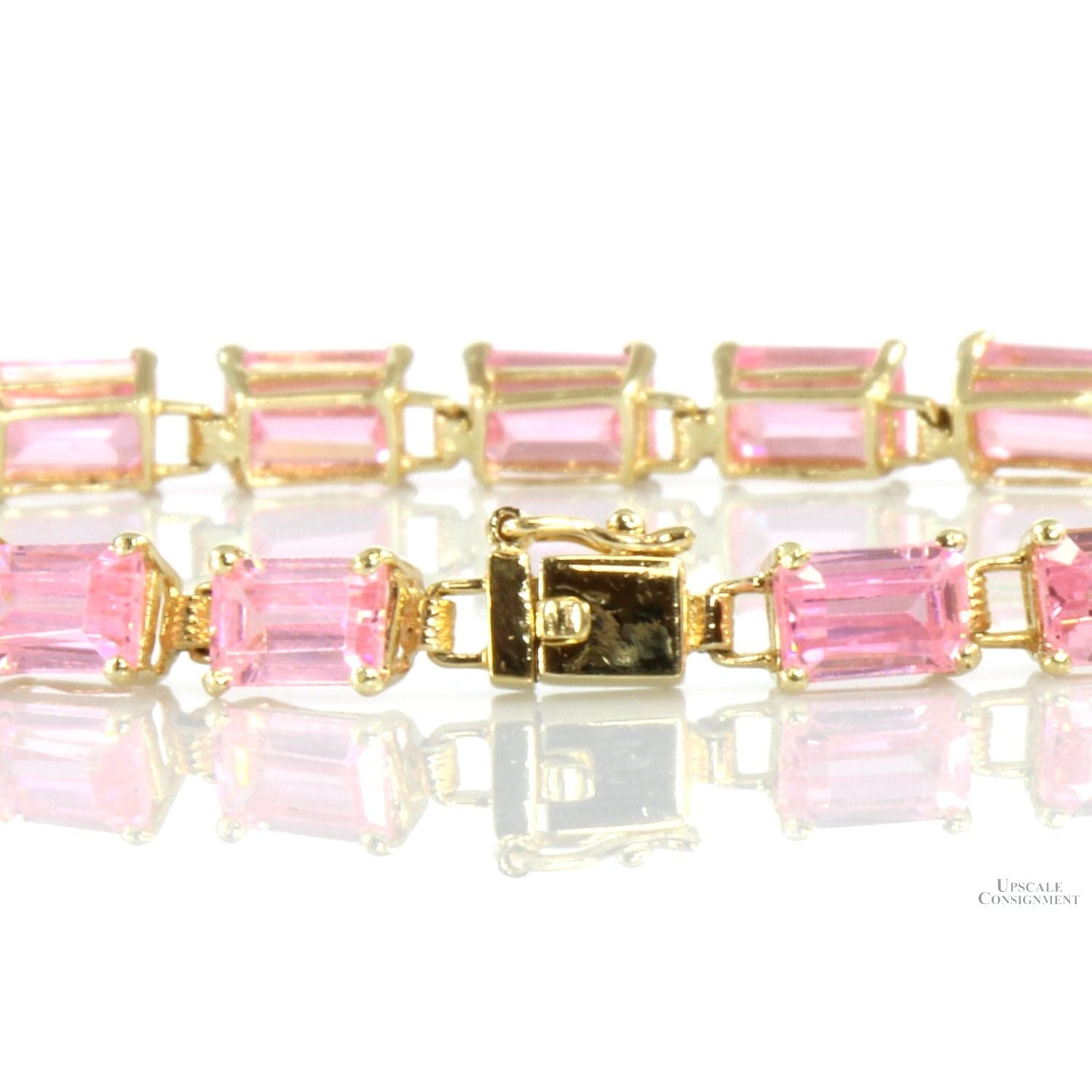 10K Gold Emerald Cut Pink Cubic Zirconia Link Bracelet - 7 in - Thumbnail 2