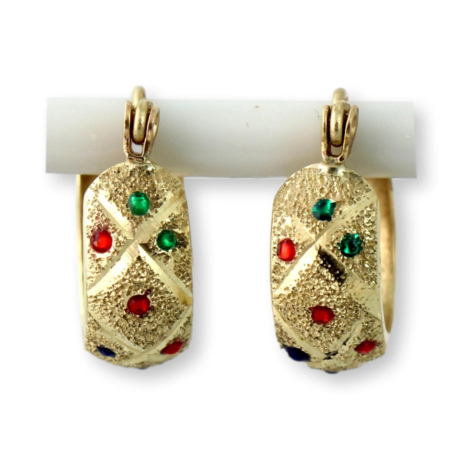 14K Two-Tone Gold Huggie Earrings- Enameled Jewels - .60" (l) - Image 1