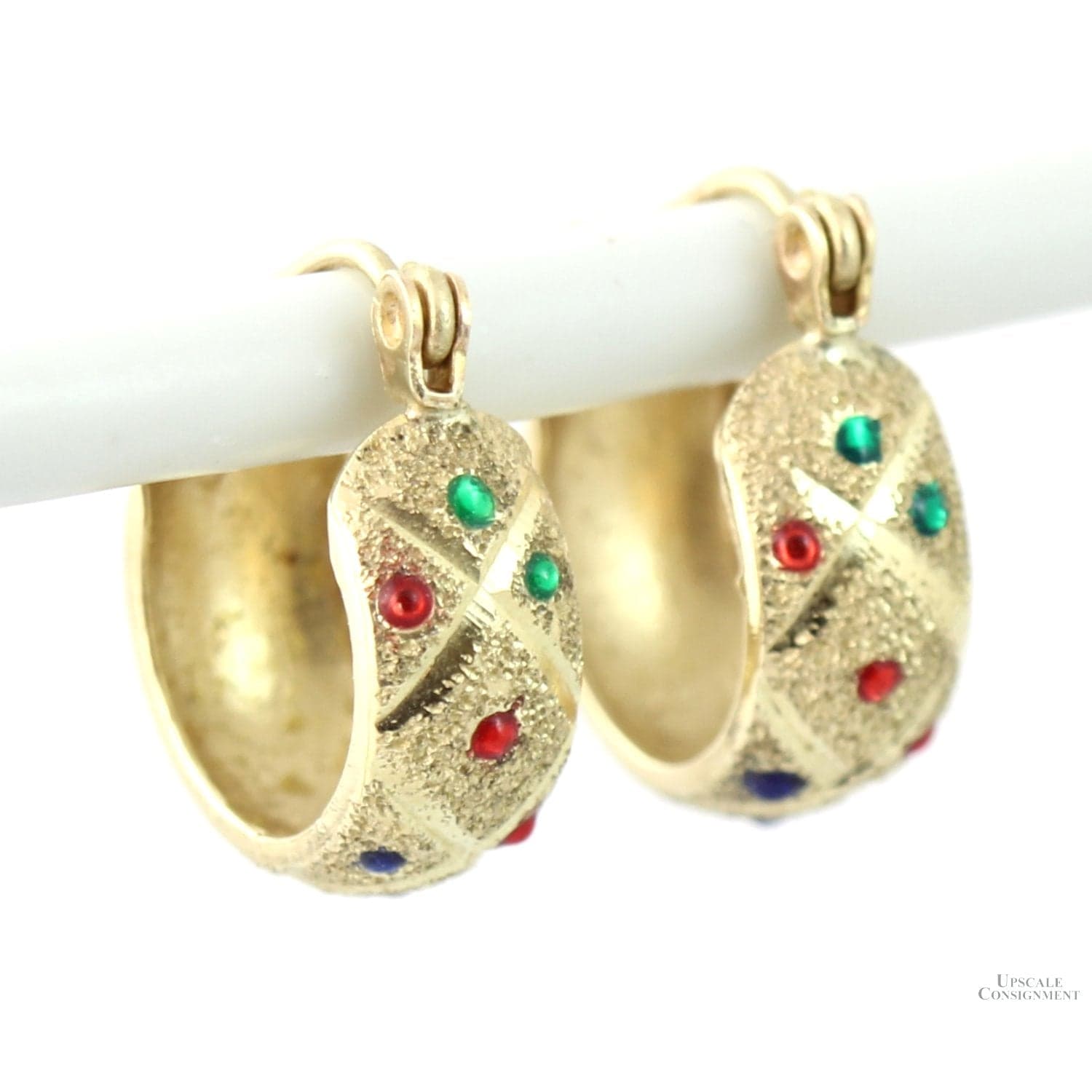 14K Two-Tone Gold Huggie Earrings- Enameled Jewels - .60" (l) - Thumbnail 2