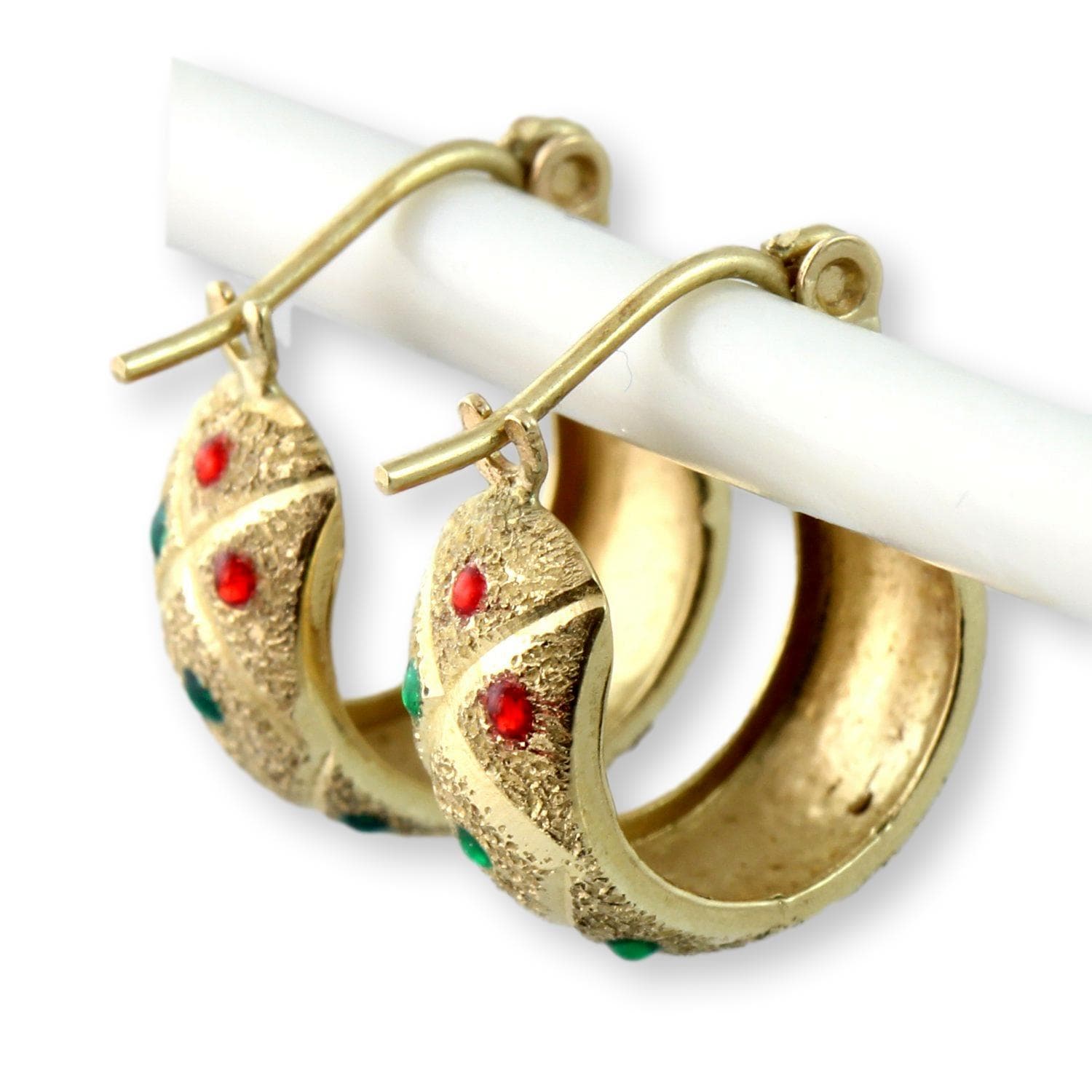 14K Two-Tone Gold Huggie Earrings- Enameled Jewels - .60" (l) - Thumbnail 3