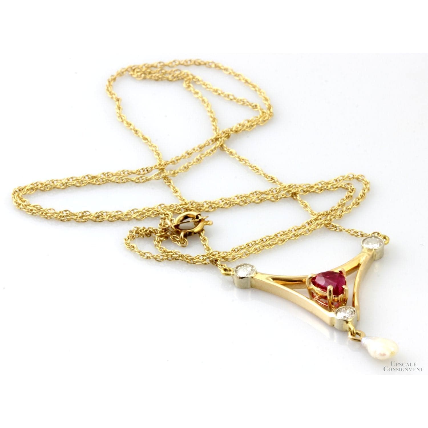 Created Ruby Early European Diamond Pearl 14K Art Nouveau / Early Edwardian Necklace - 21" - Thumbnail 2