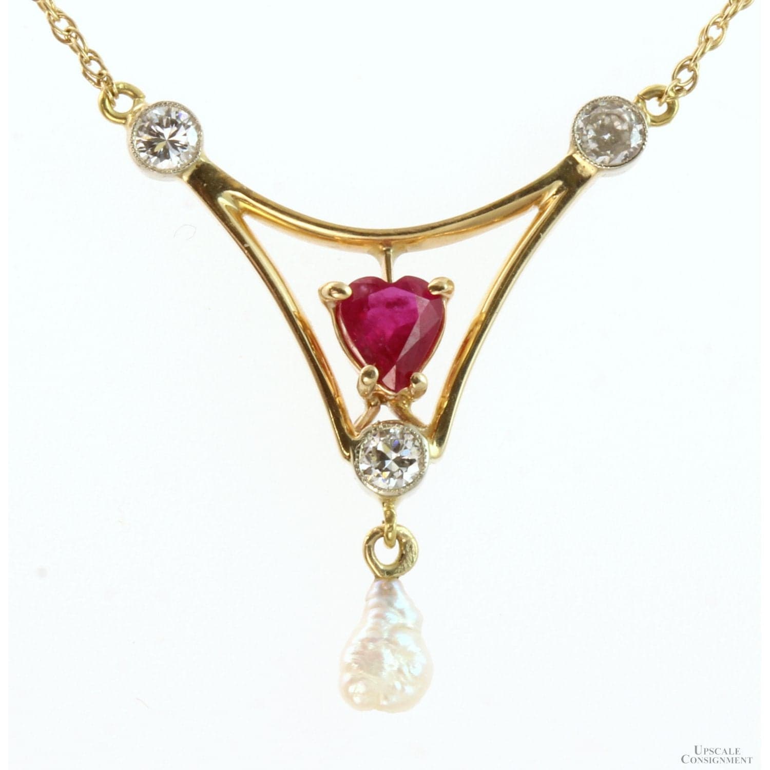 Created Ruby Early European Diamond Pearl 14K Art Nouveau / Early Edwardian Necklace - 21" - Image 1