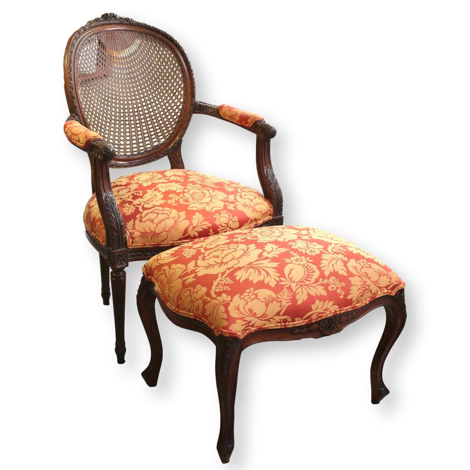Fairfield Medallion Cane Back Fauteuil Accent Chair w/Ottoman - Red & Gold - Image 1