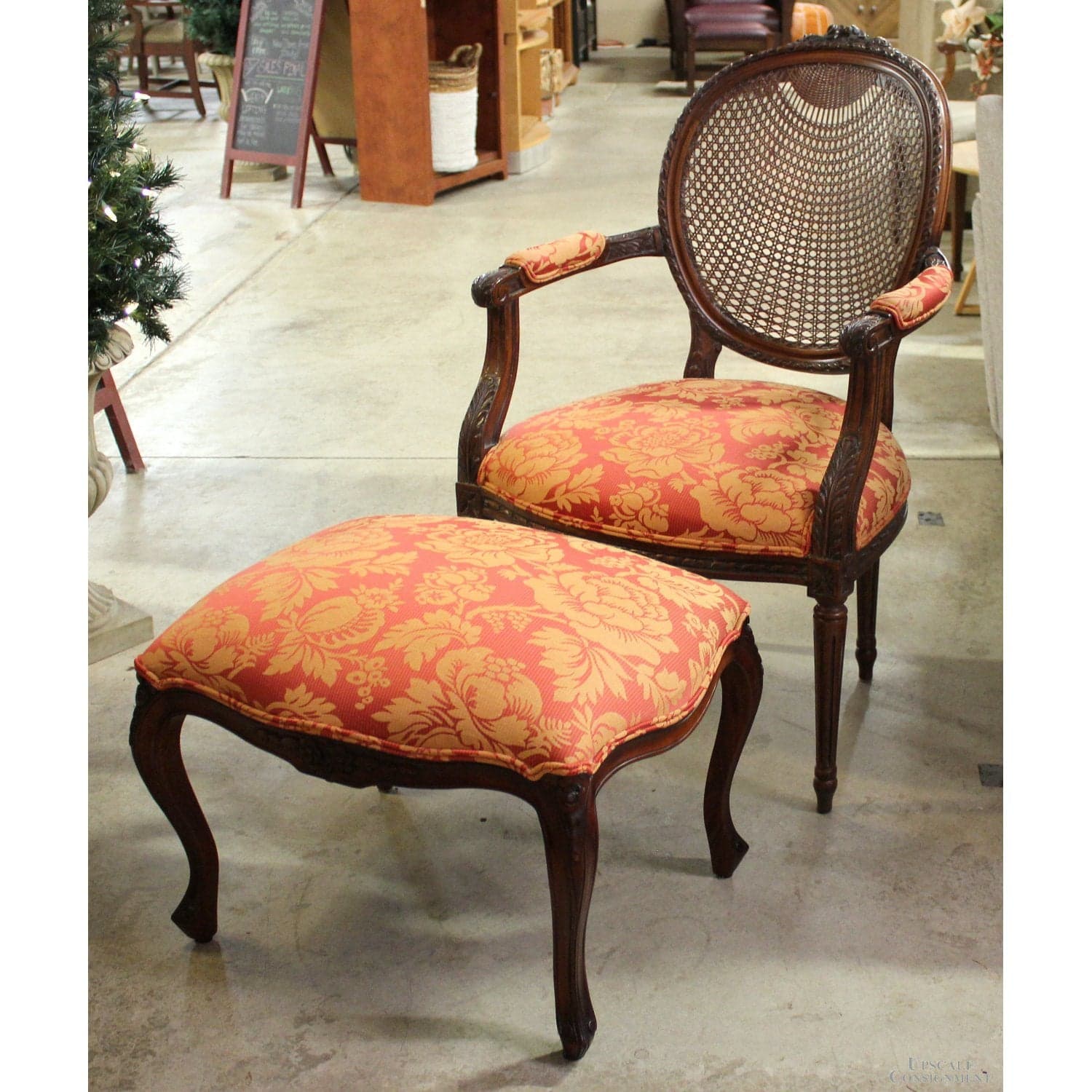 Fairfield Medallion Cane Back Fauteuil Accent Chair w/Ottoman - Red & Gold - Thumbnail 2
