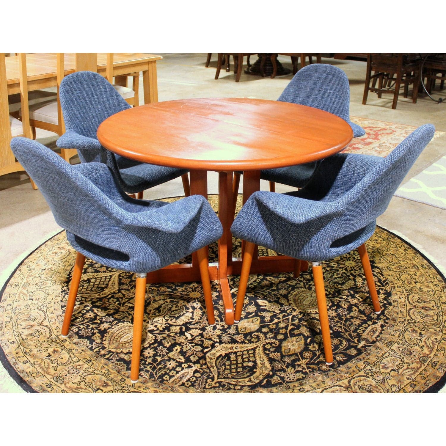 MCM Style Dining Set w/4 Blue Chairs - Cherry Finish - Thumbnail 3