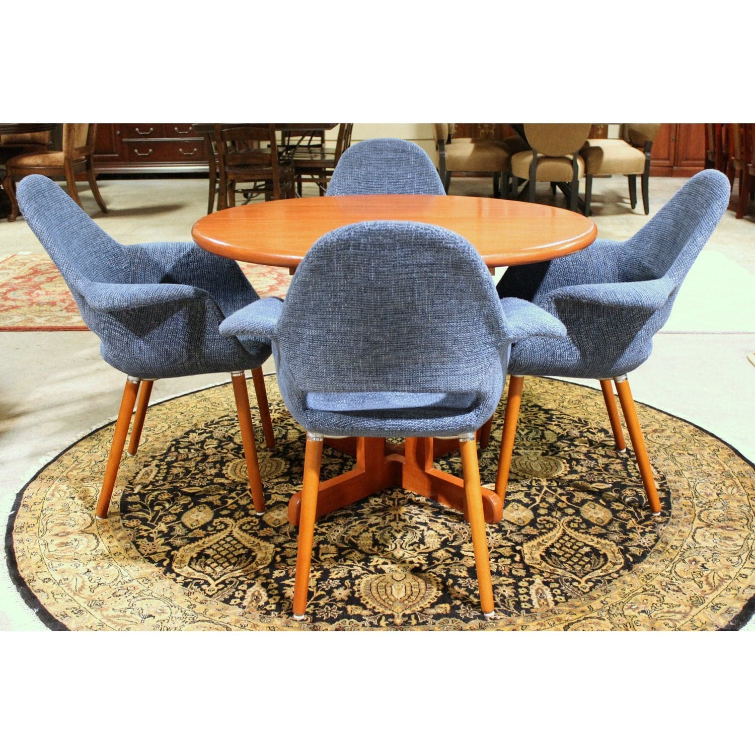 MCM Style Dining Set w/4 Blue Chairs - Cherry Finish - Thumbnail 2