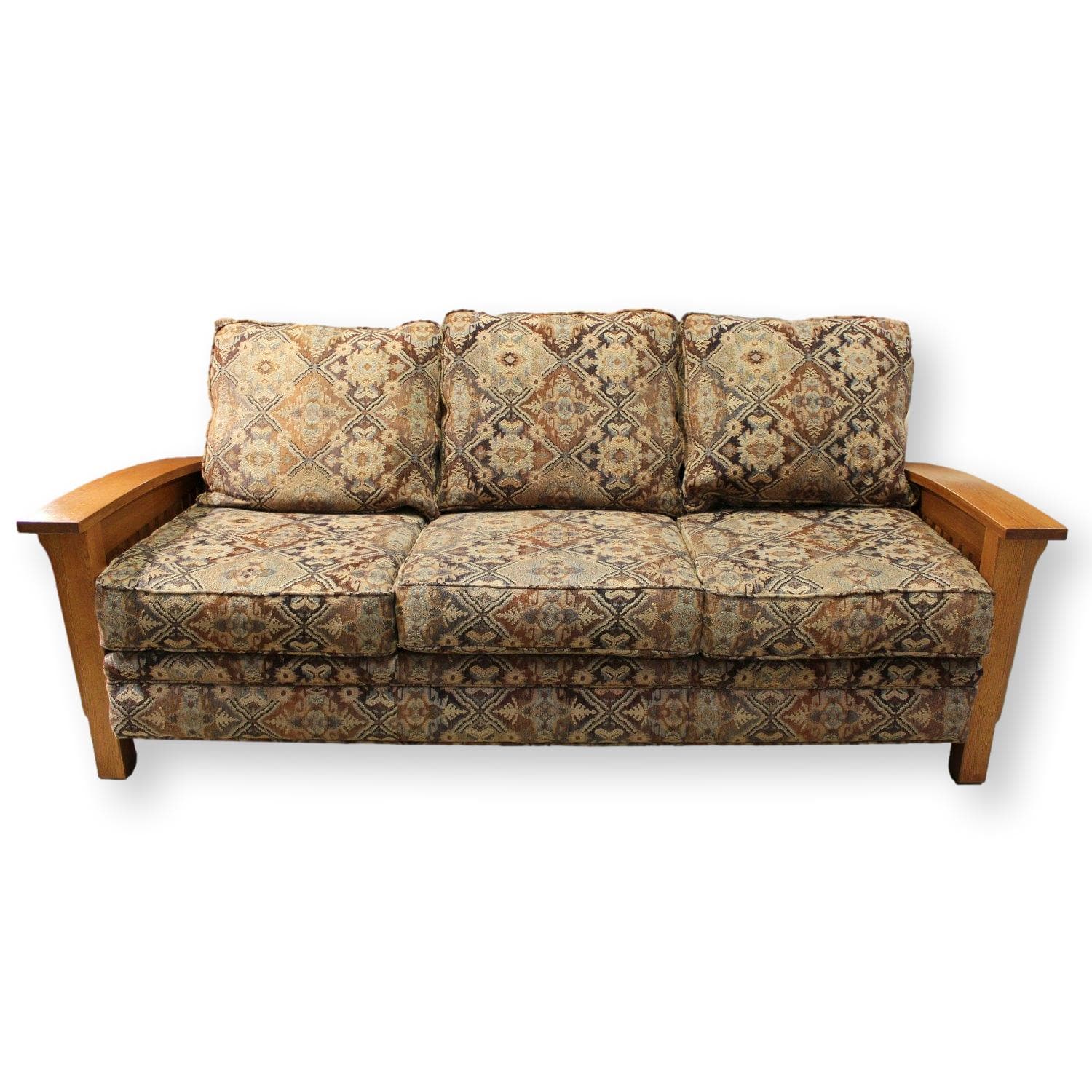 Mission Style Oak & Tapestry Sofa - Brown