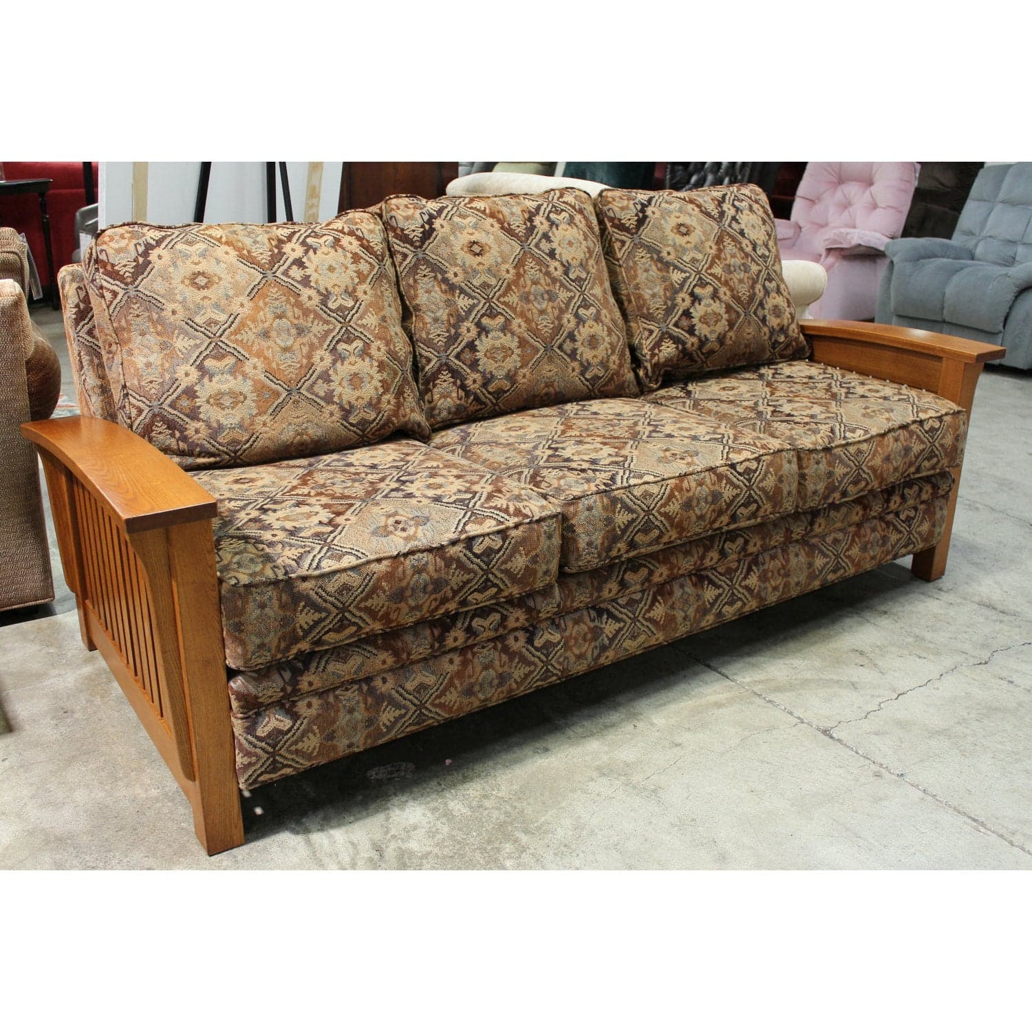 Mission Style Oak & Tapestry Sofa - Brown - Thumbnail 2