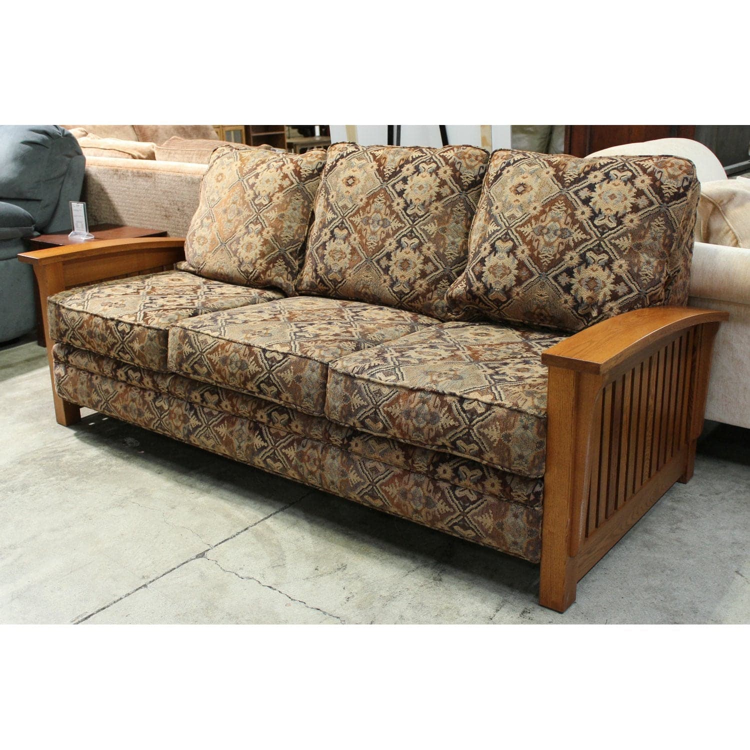 Mission Style Oak & Tapestry Sofa - Brown - Thumbnail 3