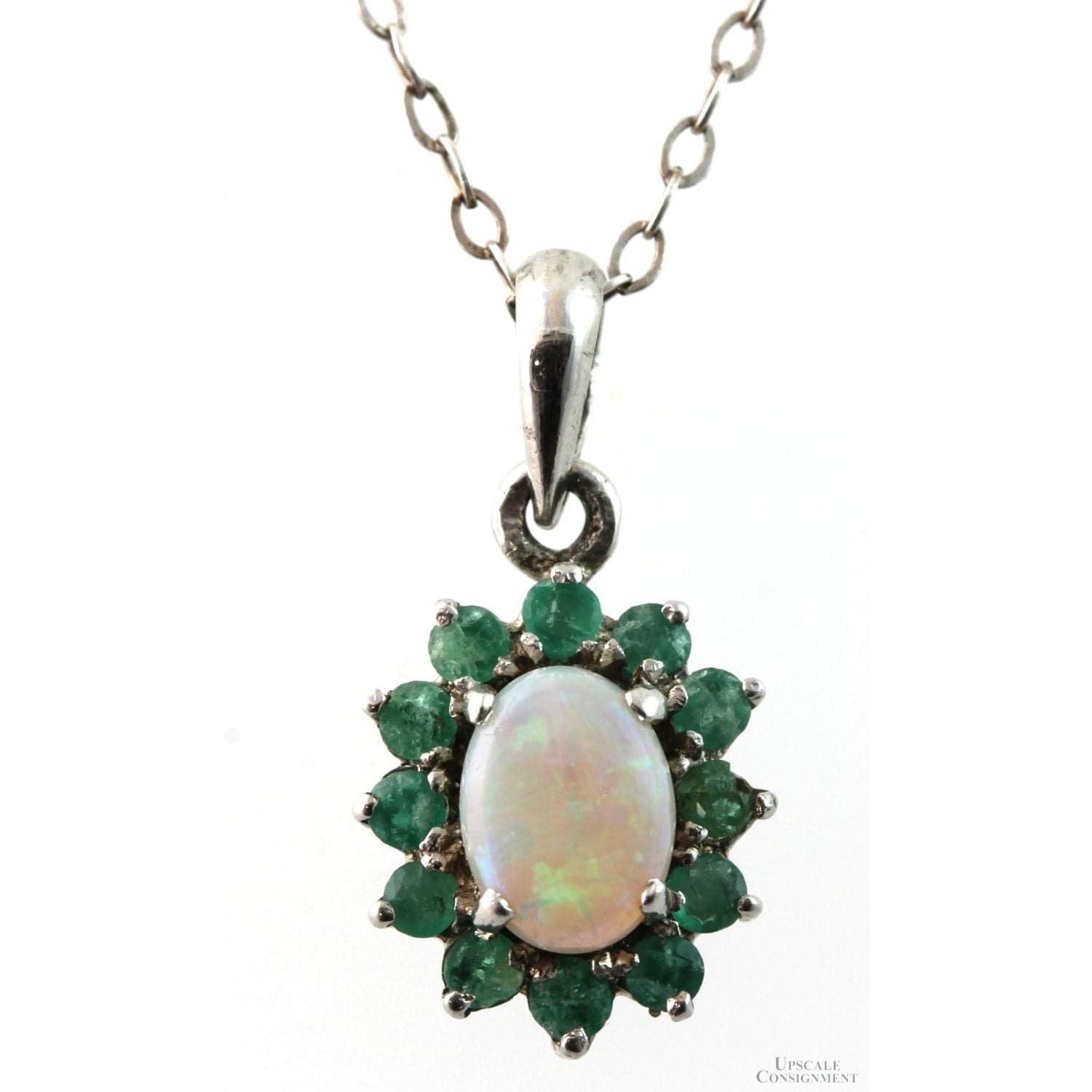 Natural Crystal Opal & Emerald Halo Sterling Silver Necklace - 19 in - Image 1