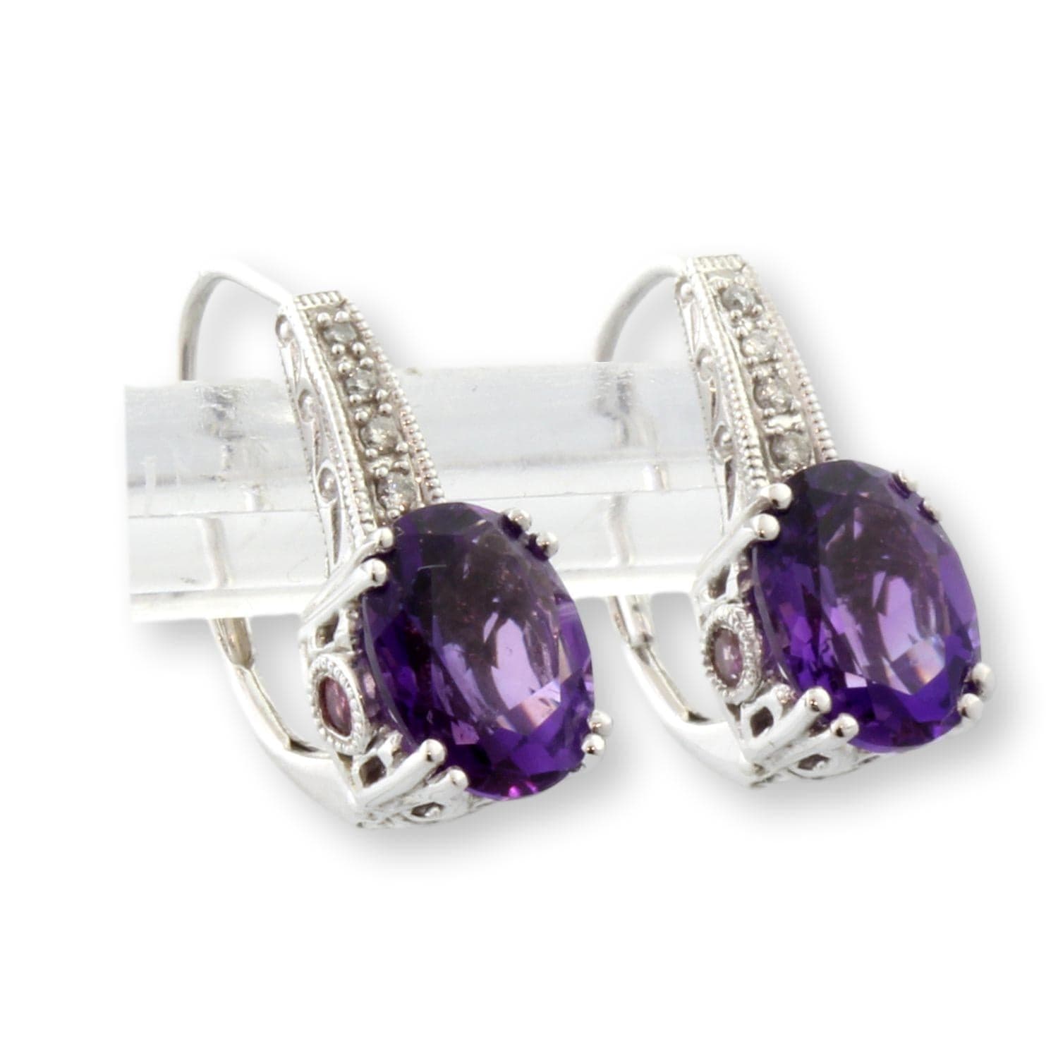 3.20ctw Amethyst Pink Topaz & Diamond 14K Gold Earrings - .6875"(l) - Thumbnail 3