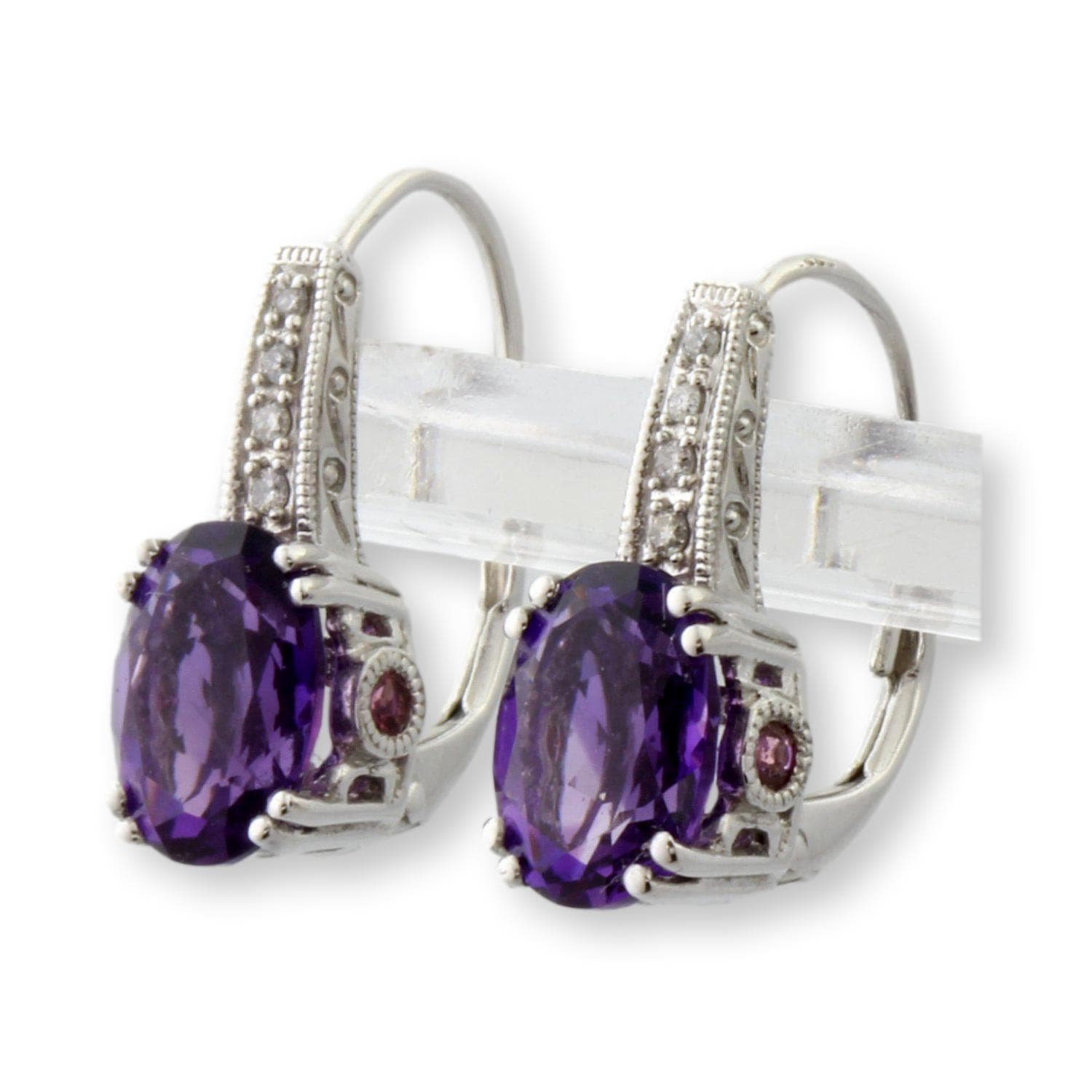 3.20ctw Amethyst Pink Topaz & Diamond 14K Gold Earrings - .6875"(l) - Thumbnail 2