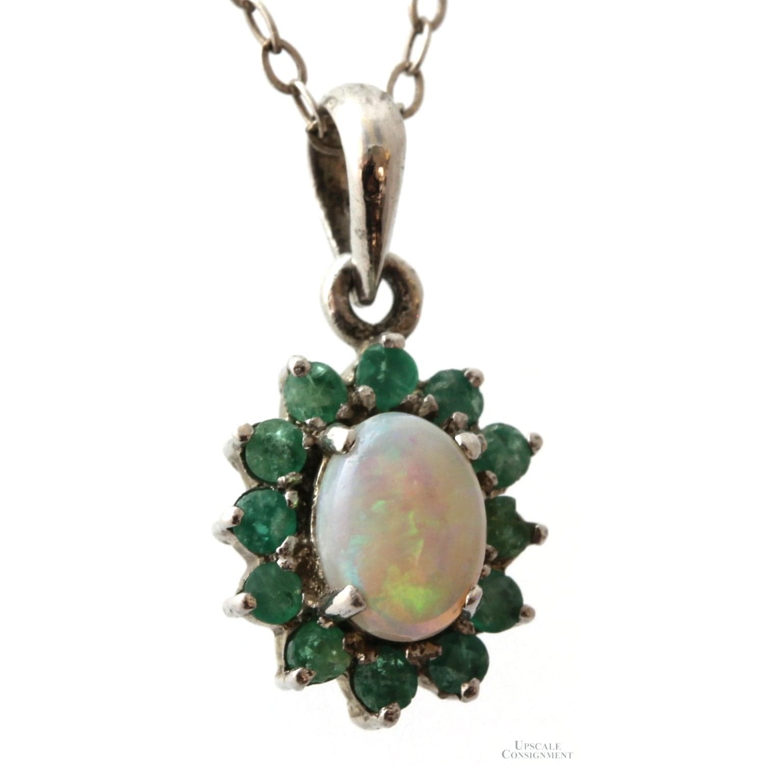 Natural Crystal Opal & Emerald Halo Sterling Silver Necklace - 19 in - Thumbnail 2