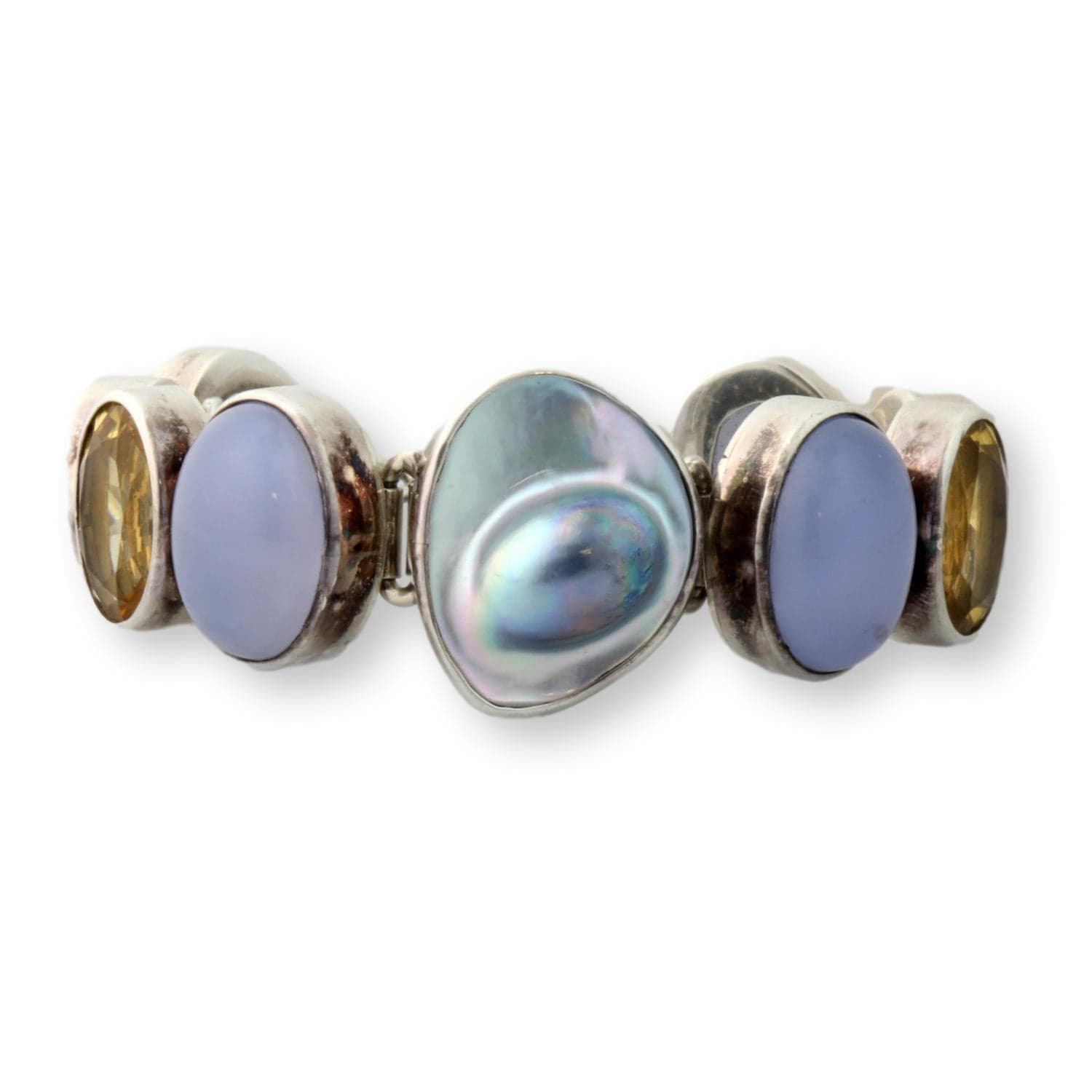 Natural Gemstone & Mabe Pearl Sterling Silver 1"(w) Bracelet - 7 in - Thumbnail 4