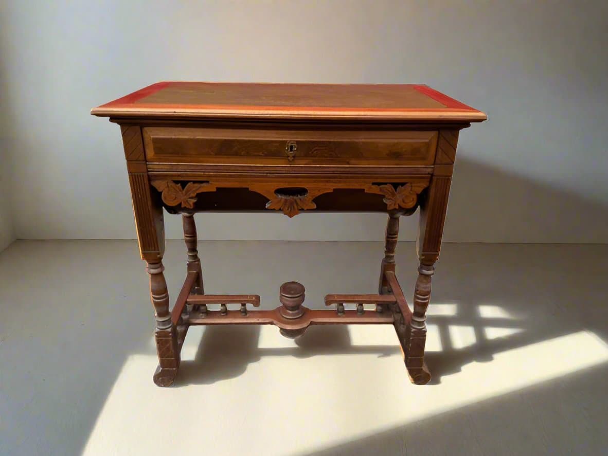 Victorian Walnut Sewing Stand Eastlake Green Leather Top Table JD235-3 - Thumbnail 2