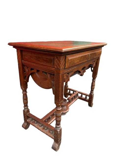 Victorian Walnut Sewing Stand Eastlake Green Leather Top Table JD235-3 - Thumbnail 3