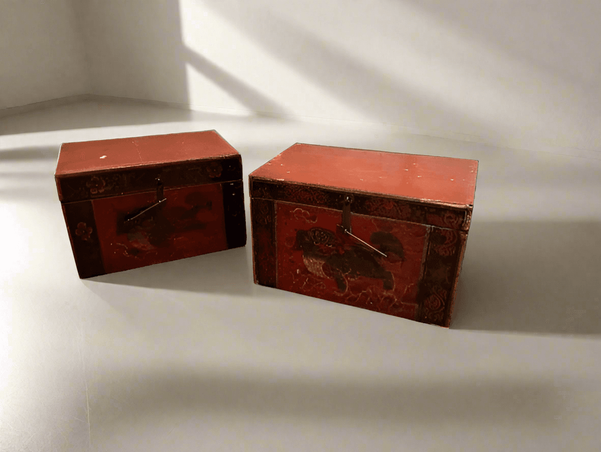 Pair 1800s Rare Antique Chinese Hand Painted Wedding Boxes SH265-26 - Image 1