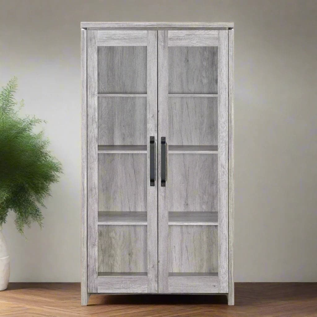 Tall Curio Bookcase Cabinet Grey Driftwood Alejo 2-door FFE258-79 - Image 1