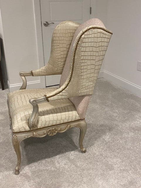 Pair Massoud Beige Leather Captain Fortuni Blush/Gold Silk Wing Chairs KK270-12 - Thumbnail 2